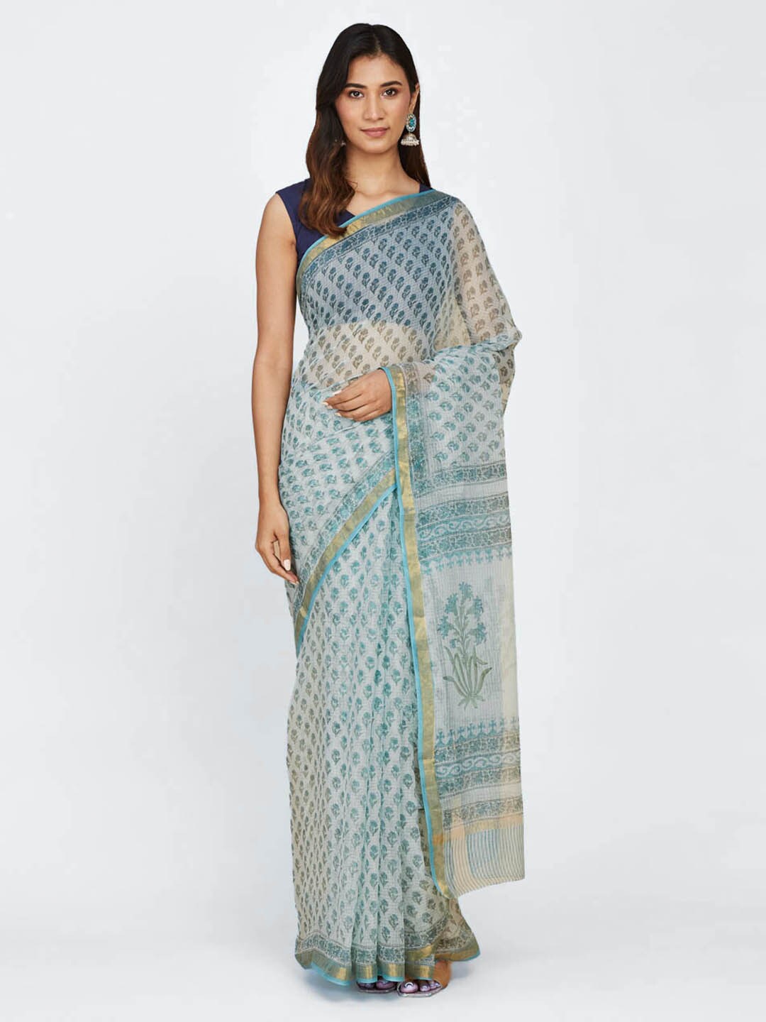 

Fabindia Ethnic Motifs Printed Zari Silk Cotton Block Print Saree, White