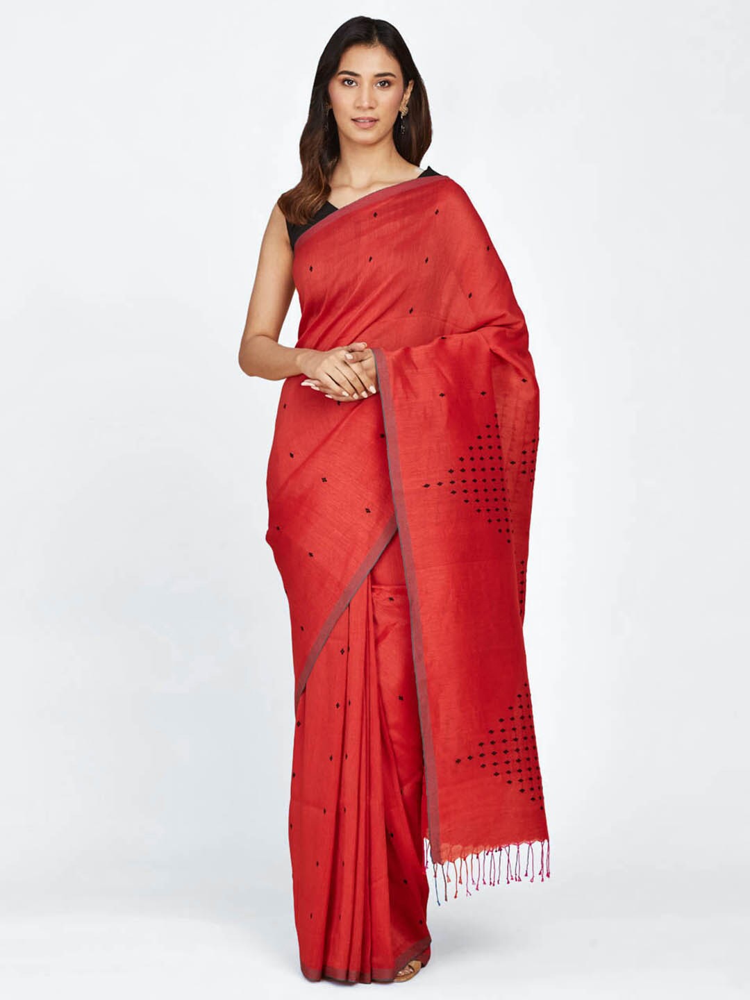 

Fabindia Floral Motif Woven Design Jamdani Saree, Red