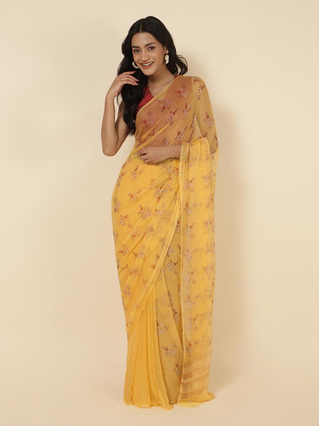 

Fabindia Floral Printed Zari Block Print Saree, Yellow