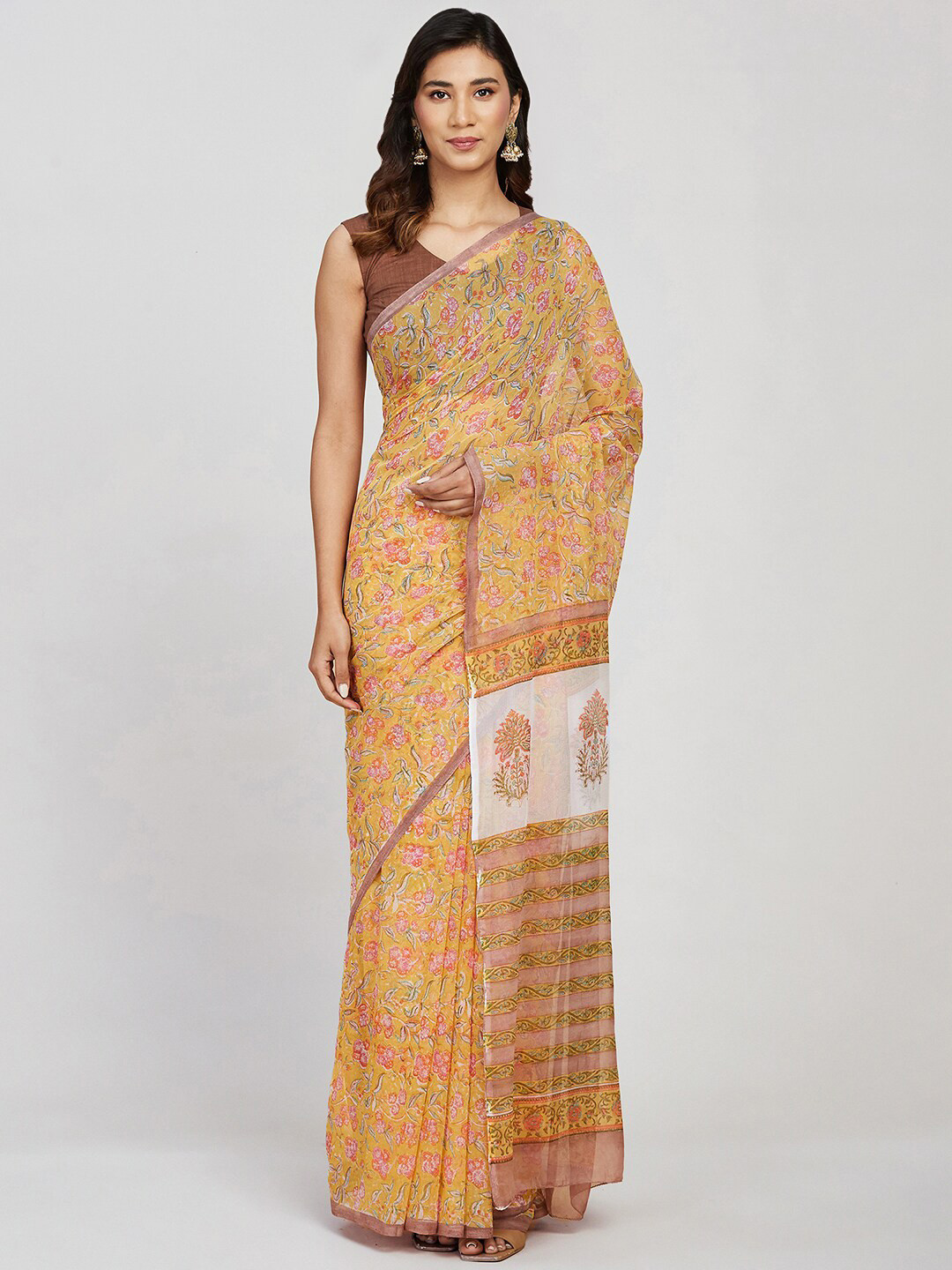 

Fabindia Ethnic Motifs Printed Block Print Saree, Yellow