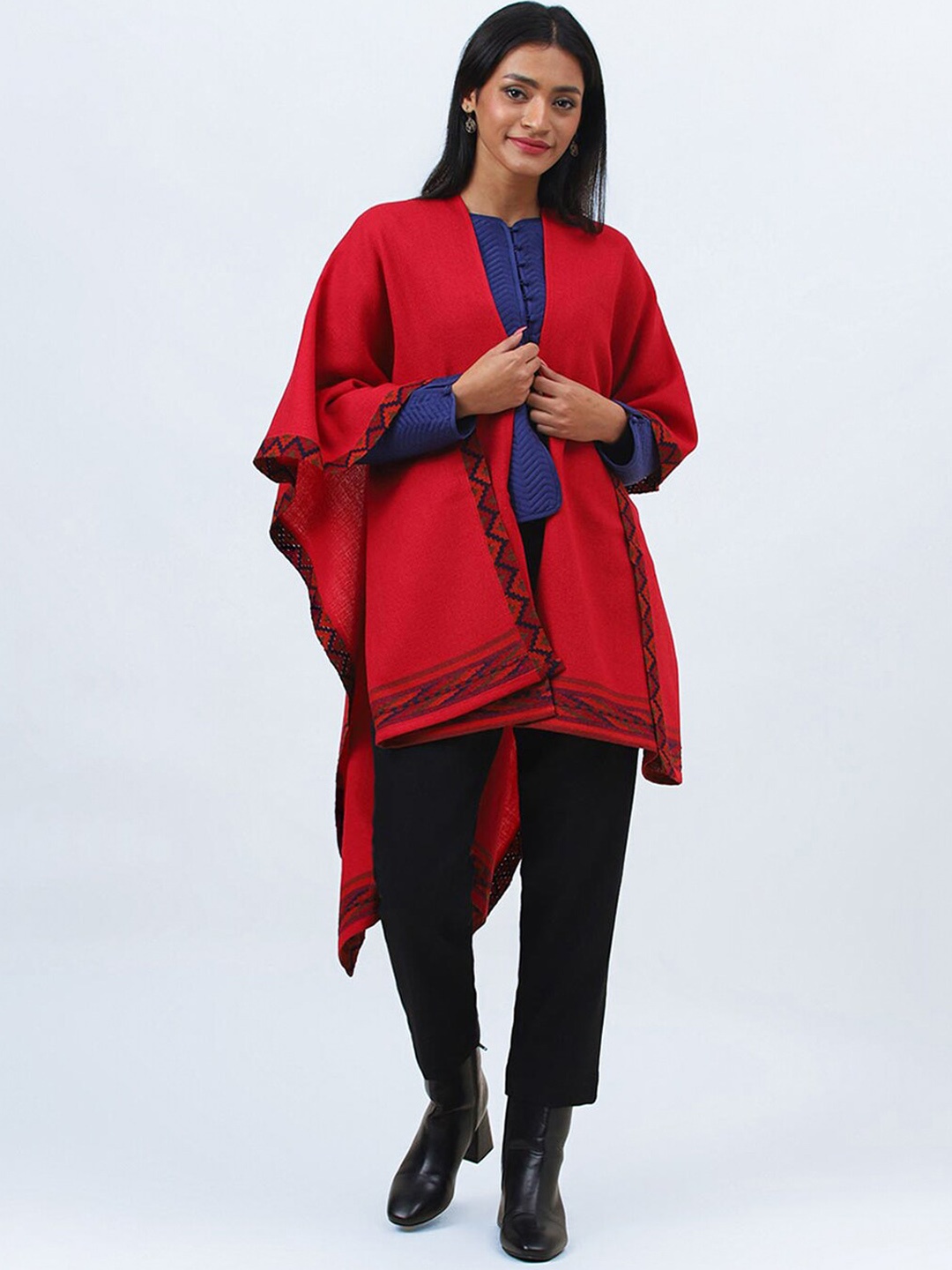 

Fabindia Longline Wool High-Low Poncho Shrug, Red