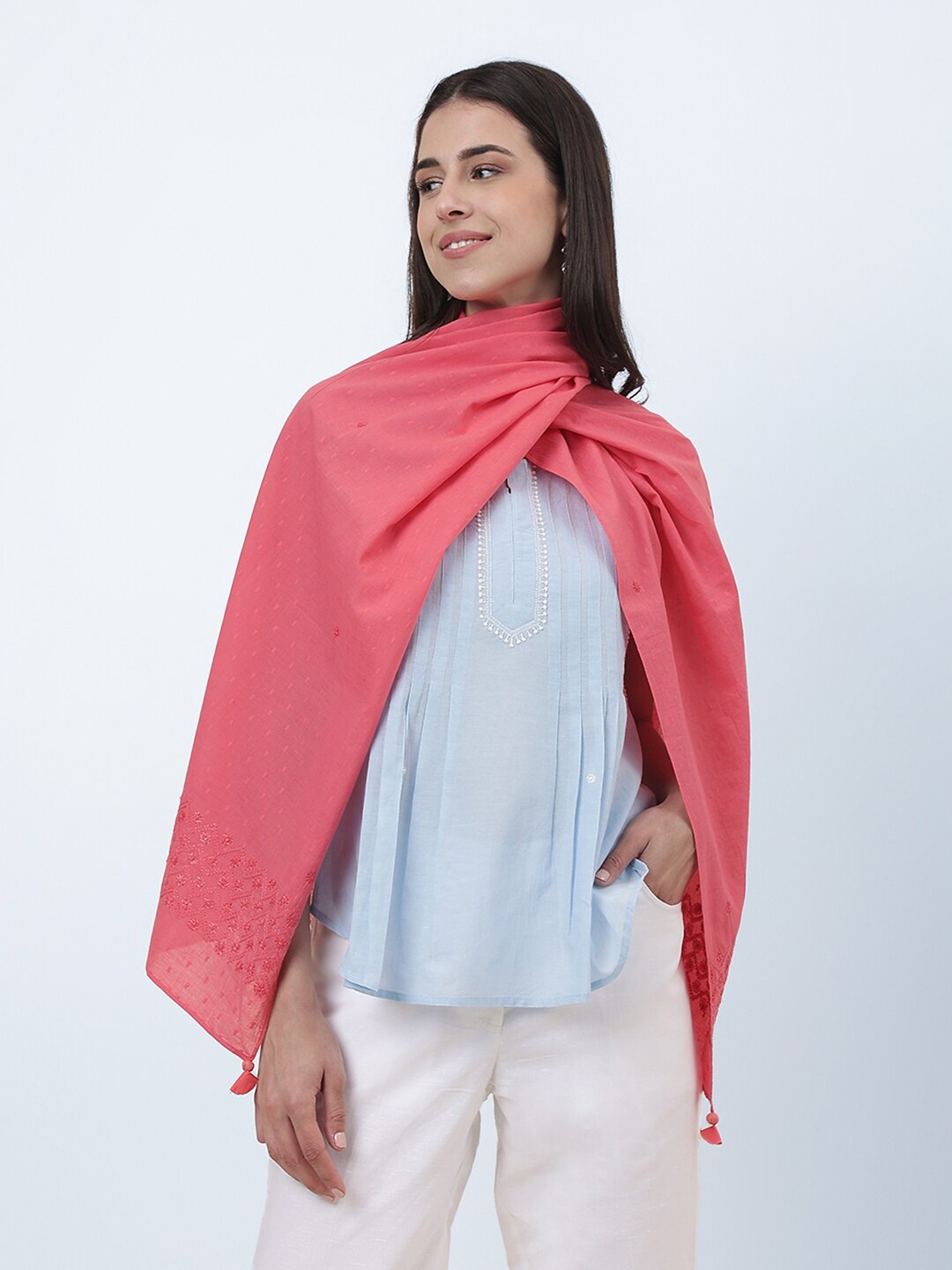 

Fabindia Embroidered Cotton Stole, Coral