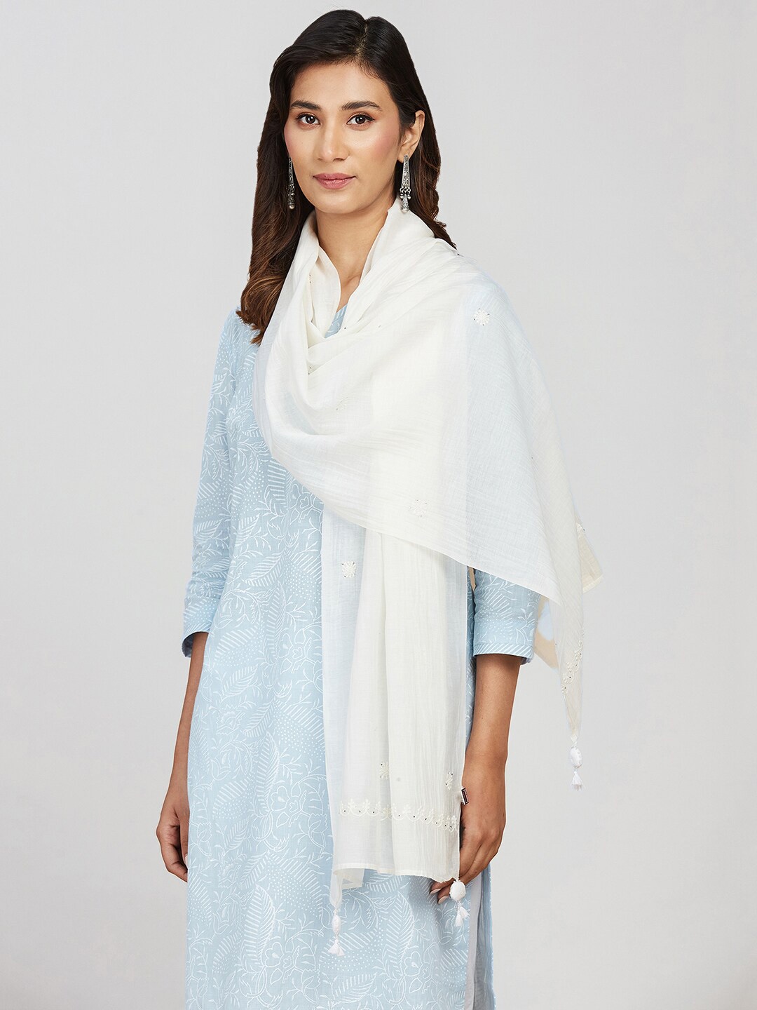 

Fabindia Embroidered Cotton Silk Stole, Off white