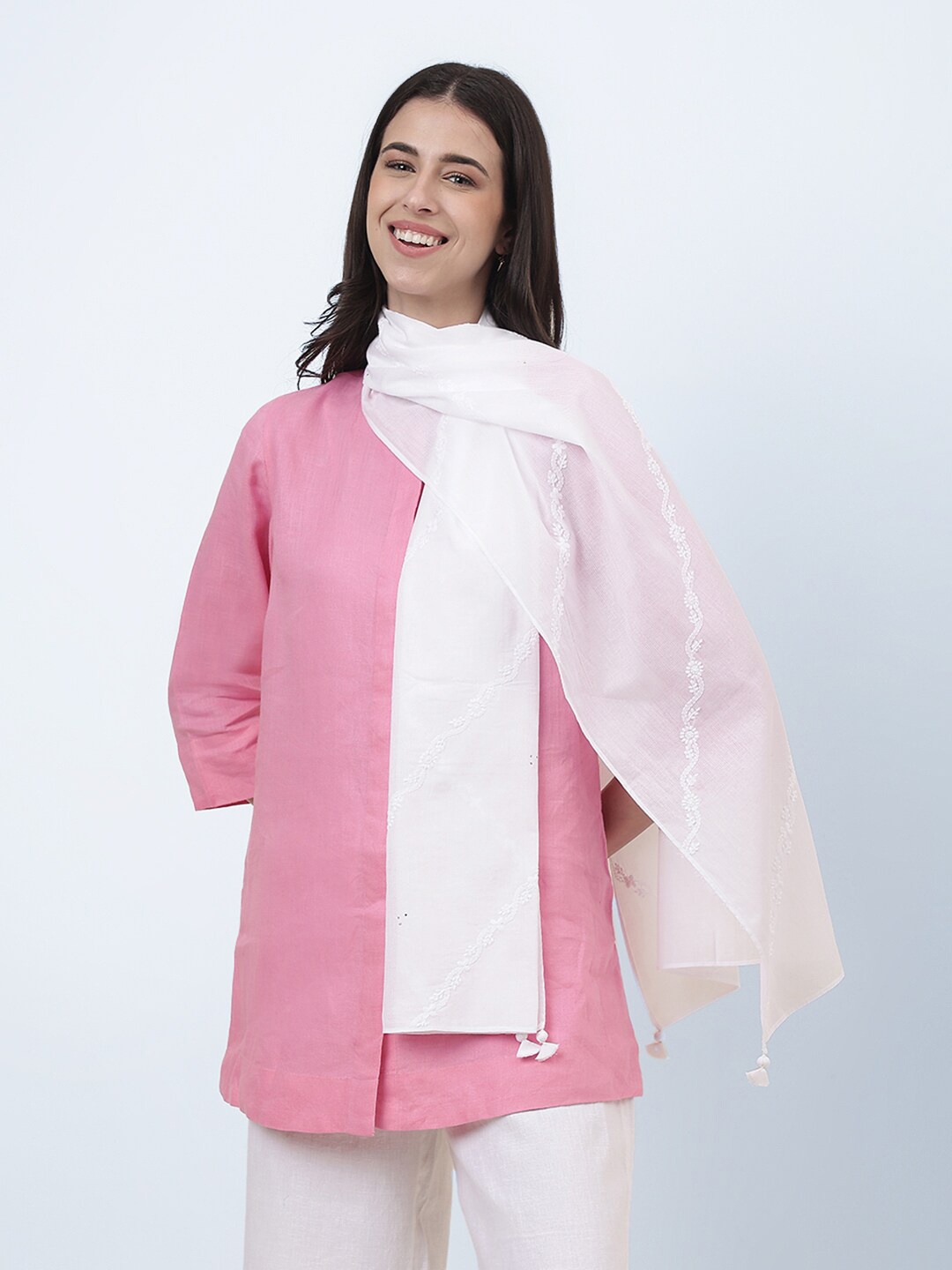 

Fabindia Embroidered Cotton Stole, White