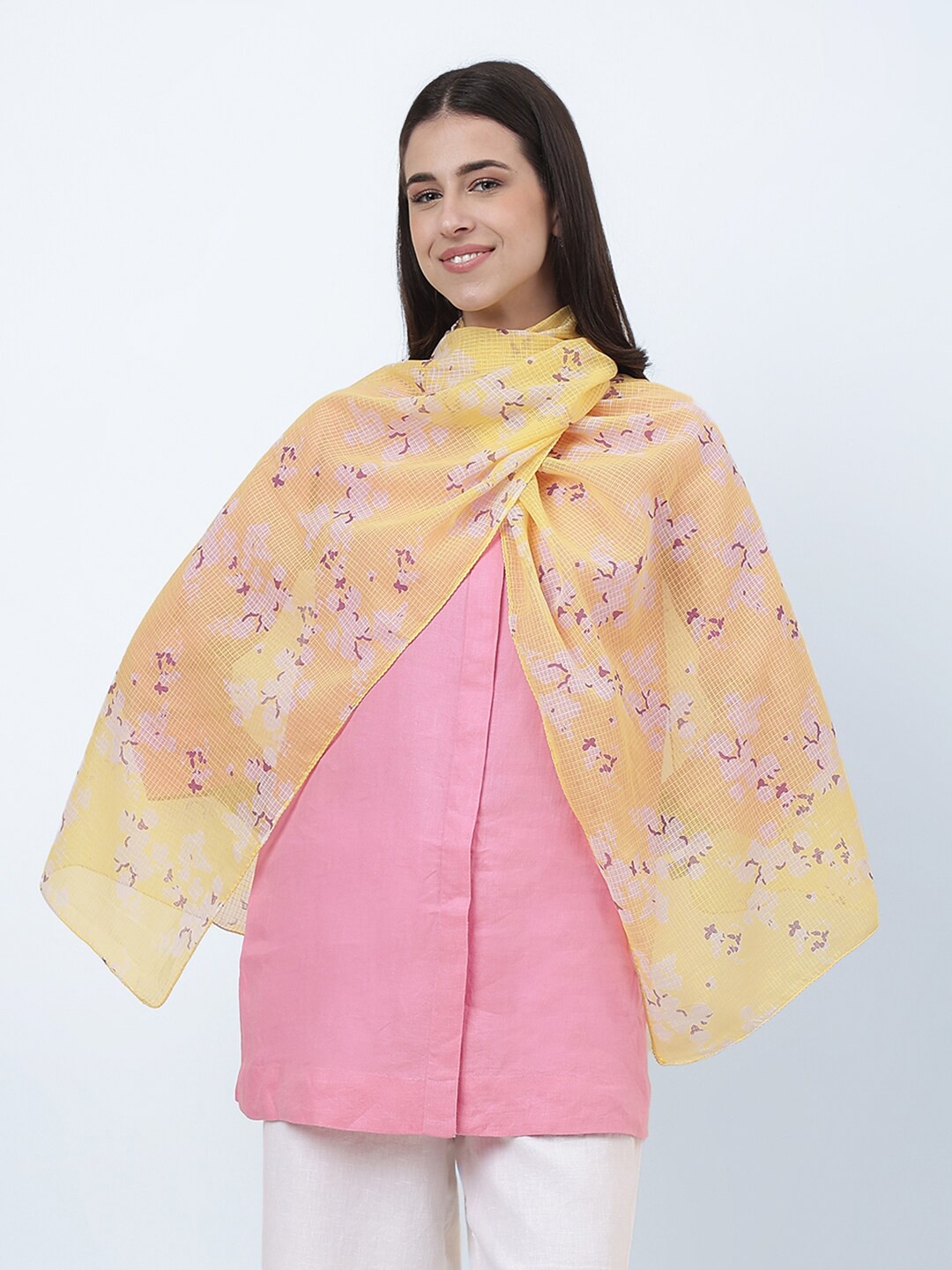 

Fabindia Floral Printed Cotton Silk Stole, Yellow