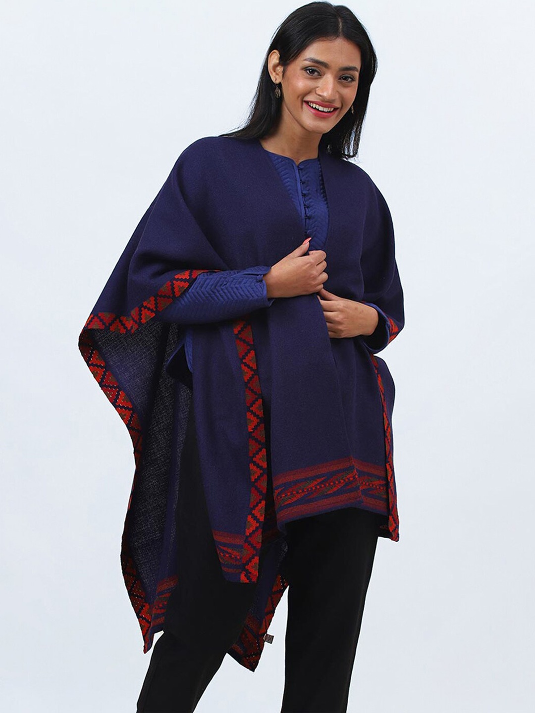 

Fabindia Longline Wool High-Low Poncho Shrug, Navy blue