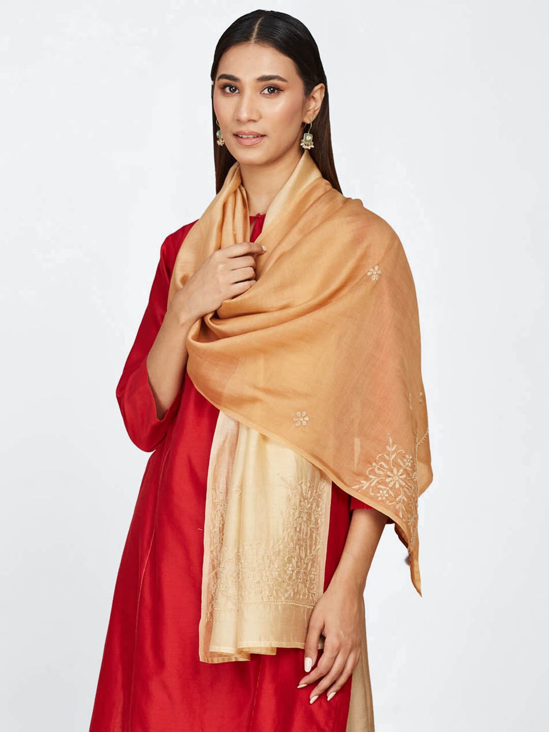 

Fabindia Embroidered Cotton Silk Stole, Beige