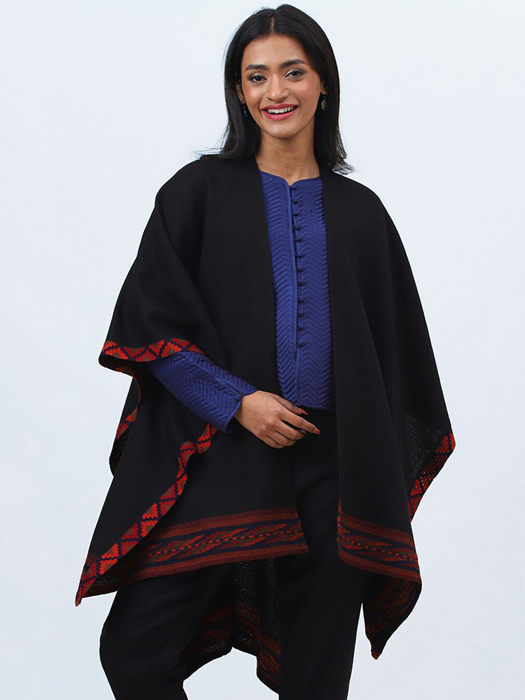 

Fabindia Longline Wool High-Low Poncho Shrug, Black