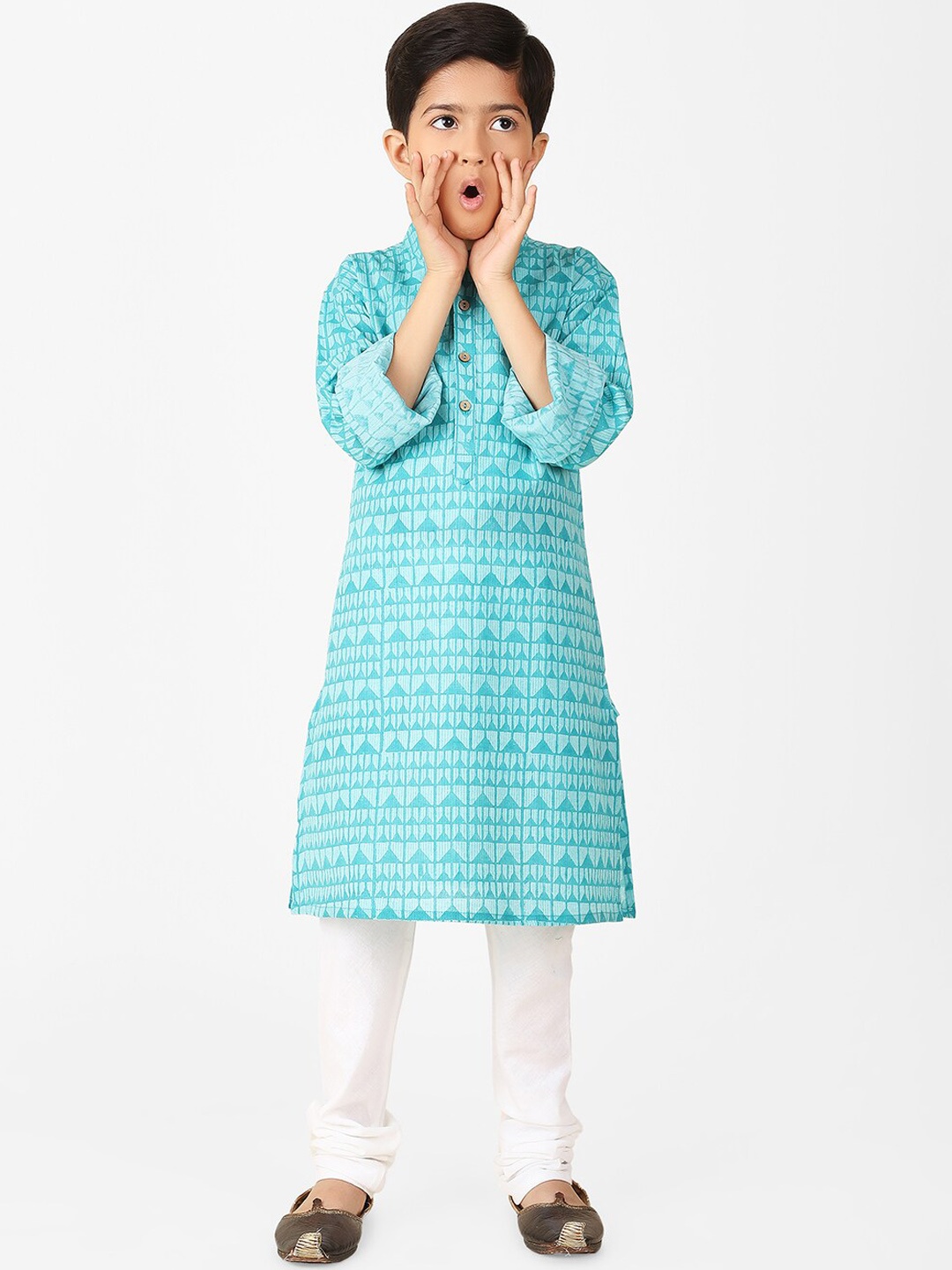

Fabindia Boys Geometric Printed Cotton Kurta, Turquoise blue
