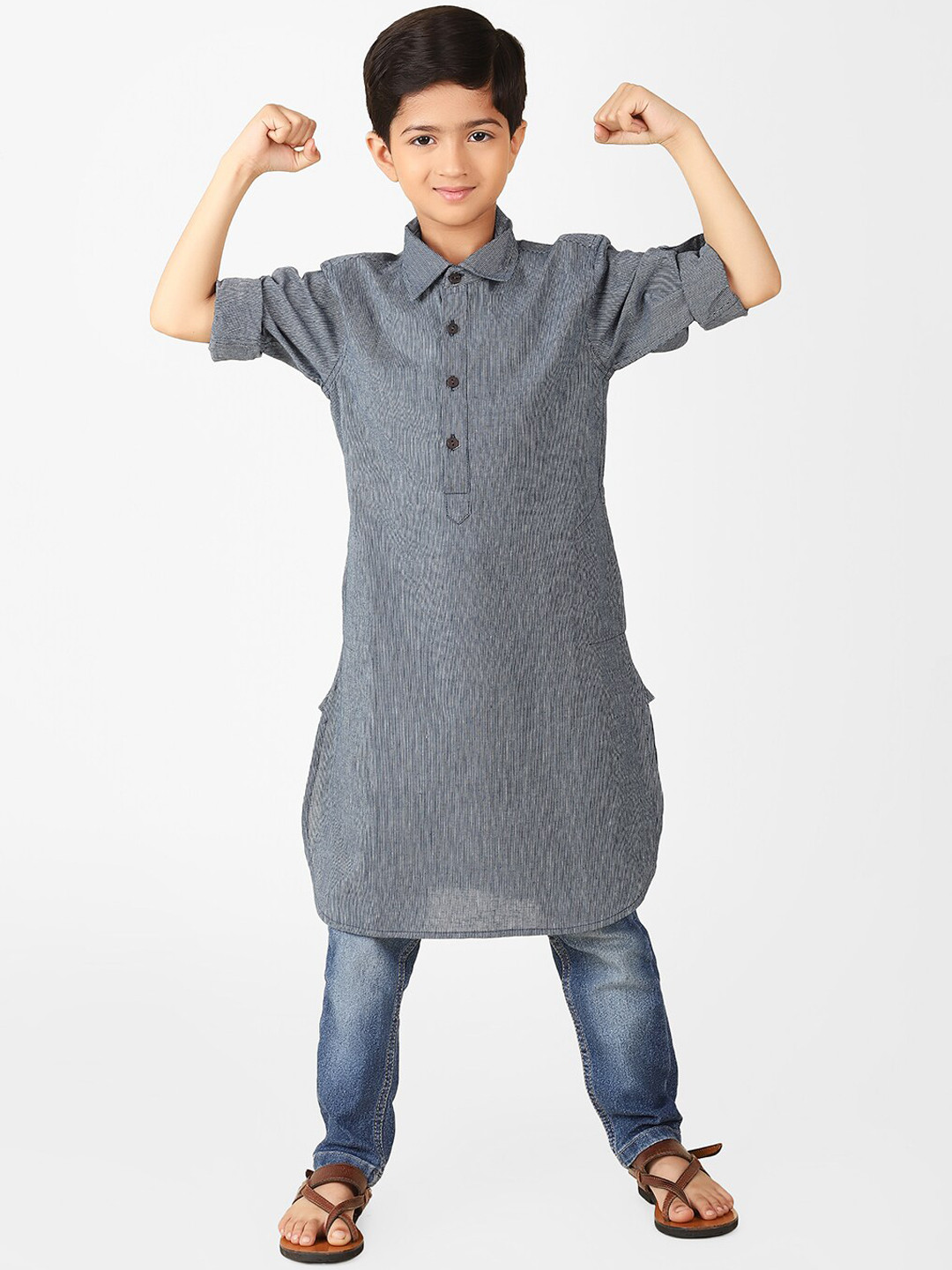 

Fabindia Boys Striped Pathani Cotton Kurta, Navy blue