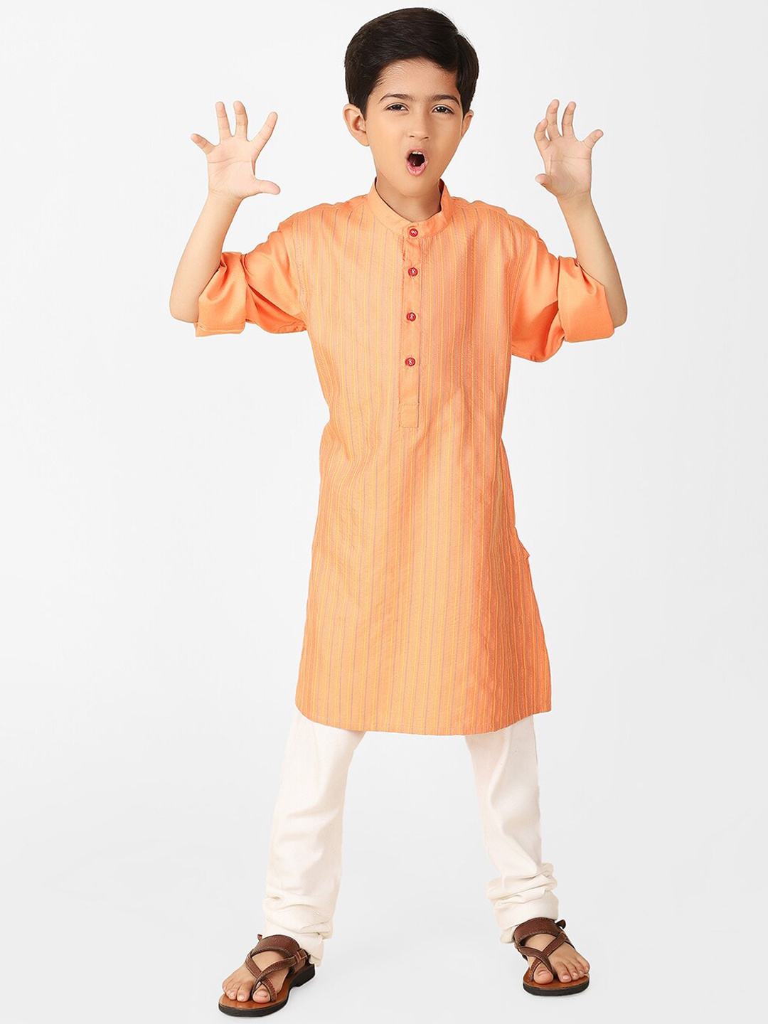 

Fabindia Boys Striped Mandarin Collar Thread Work Kurta, Peach