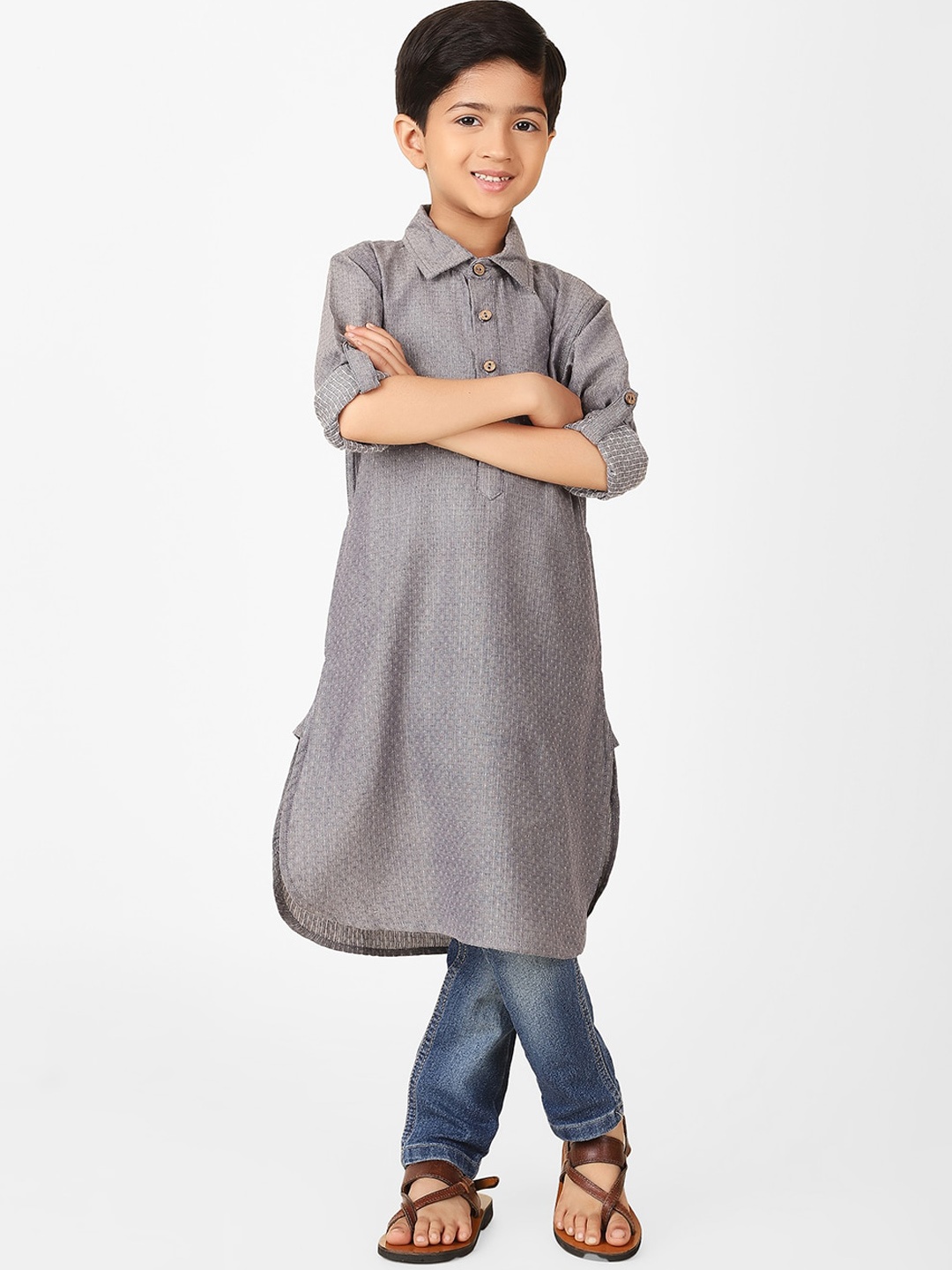 

Fabindia Boys Woven Design Shirt Collar Roll Up Sleeves Pure Cotton Pathani Kurta, Grey