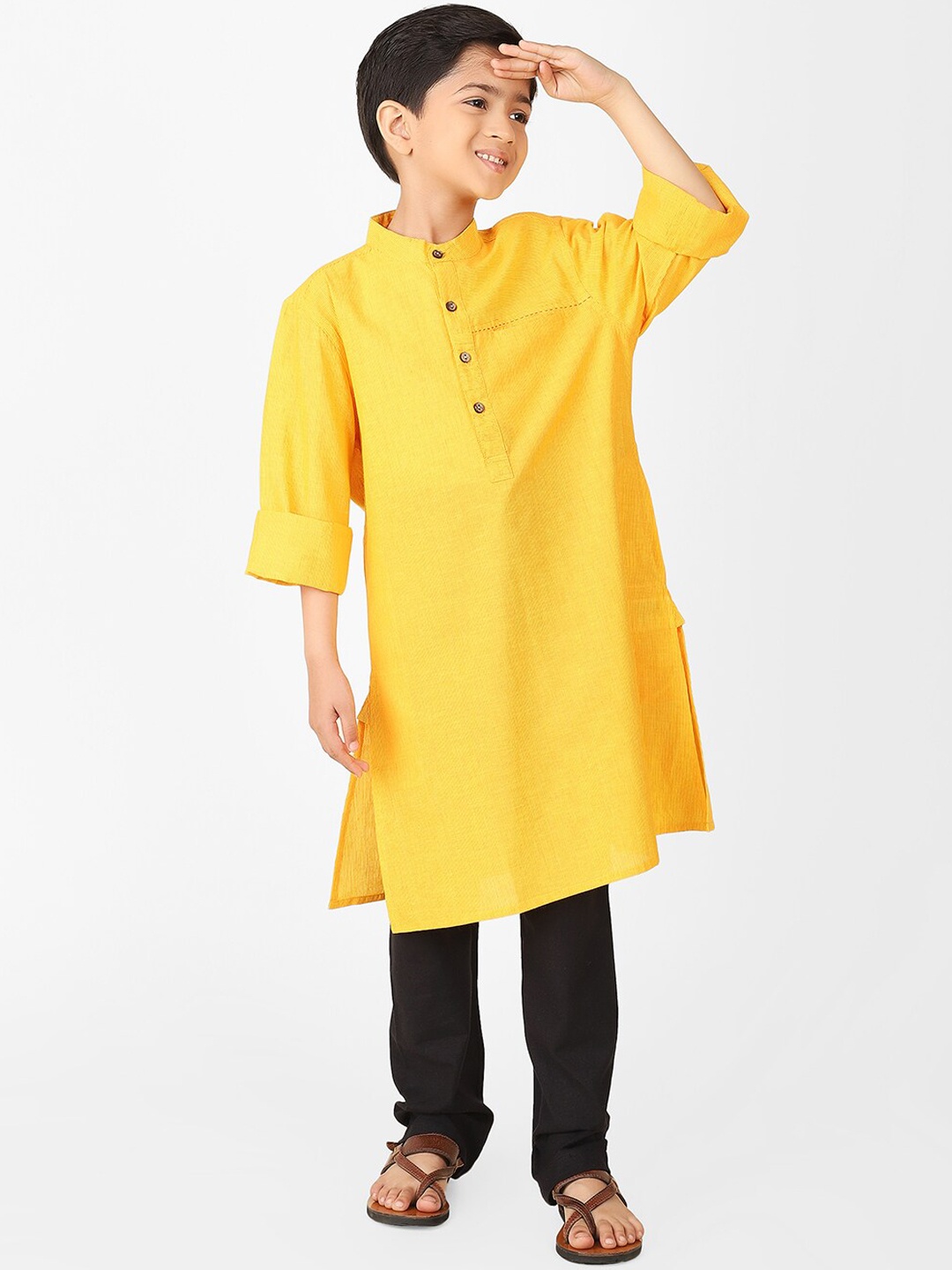 

Fabindia Boys Mandarin Collar Striped Straight Cotton Kurta, Yellow