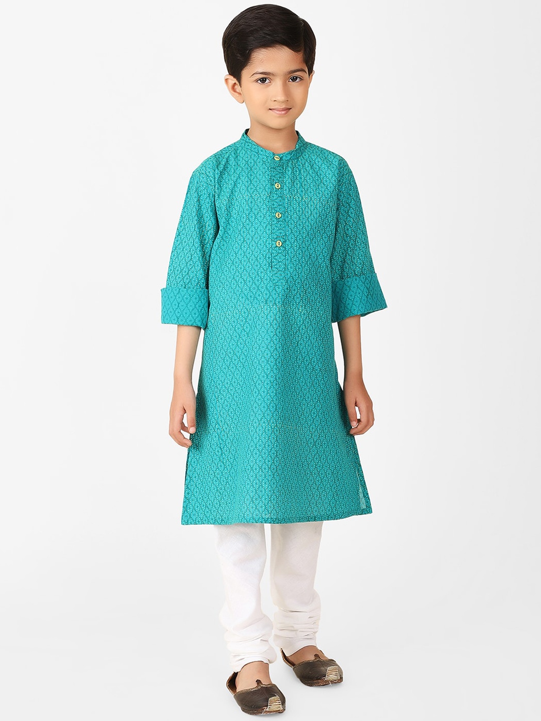 

Fabindia Boys Geometric Printed Mandarin Collar Pure Cotton Kurta, Teal