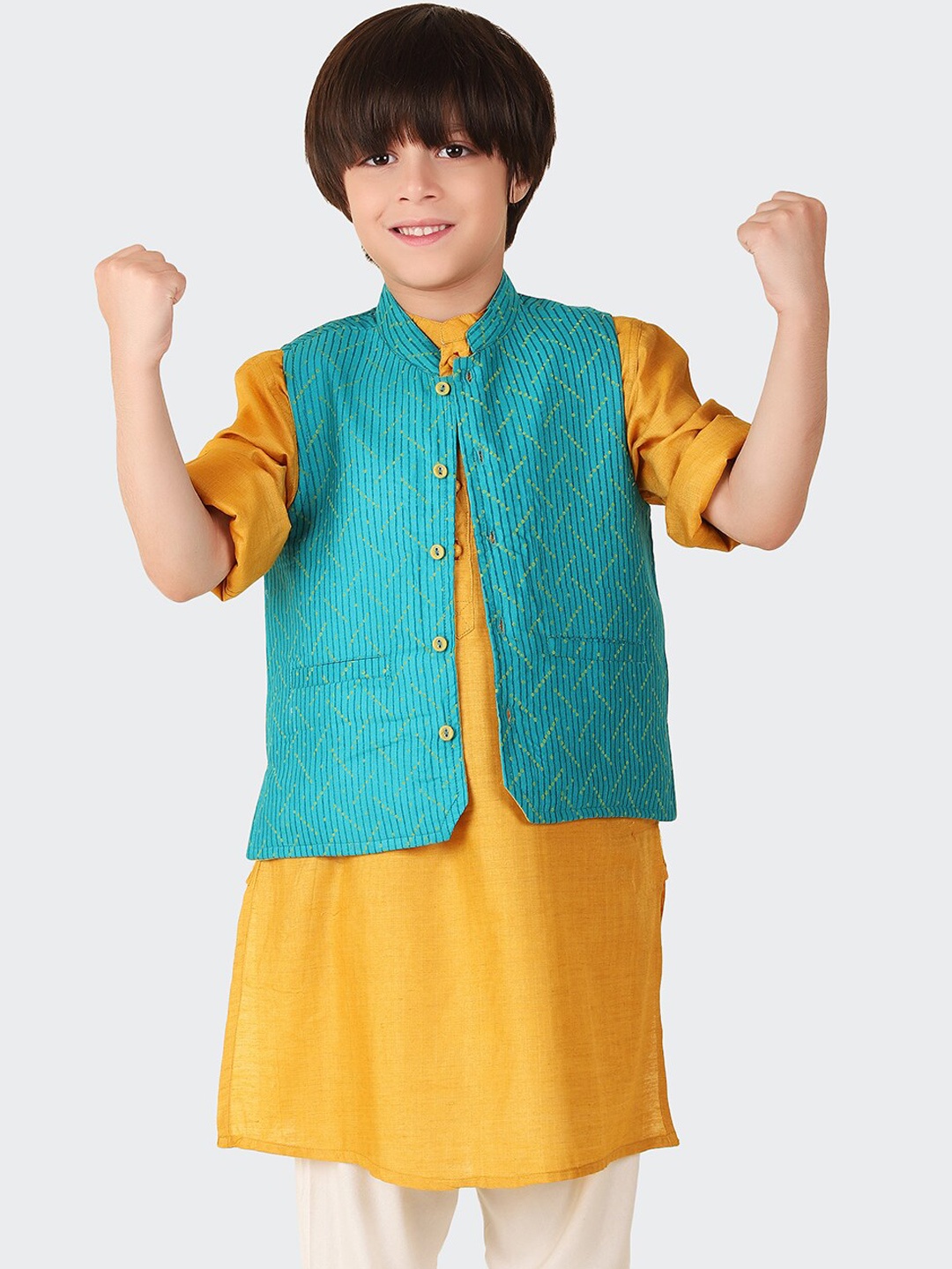 

Fabindia Boys Printed Nehru Jacket, Teal