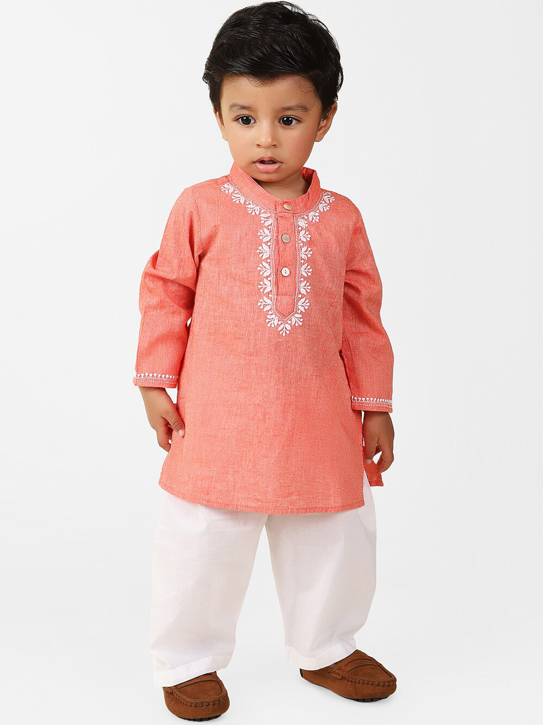 

Fabindia Boys Embroidered Pure Cotton Kurta with Pyjamas, Peach