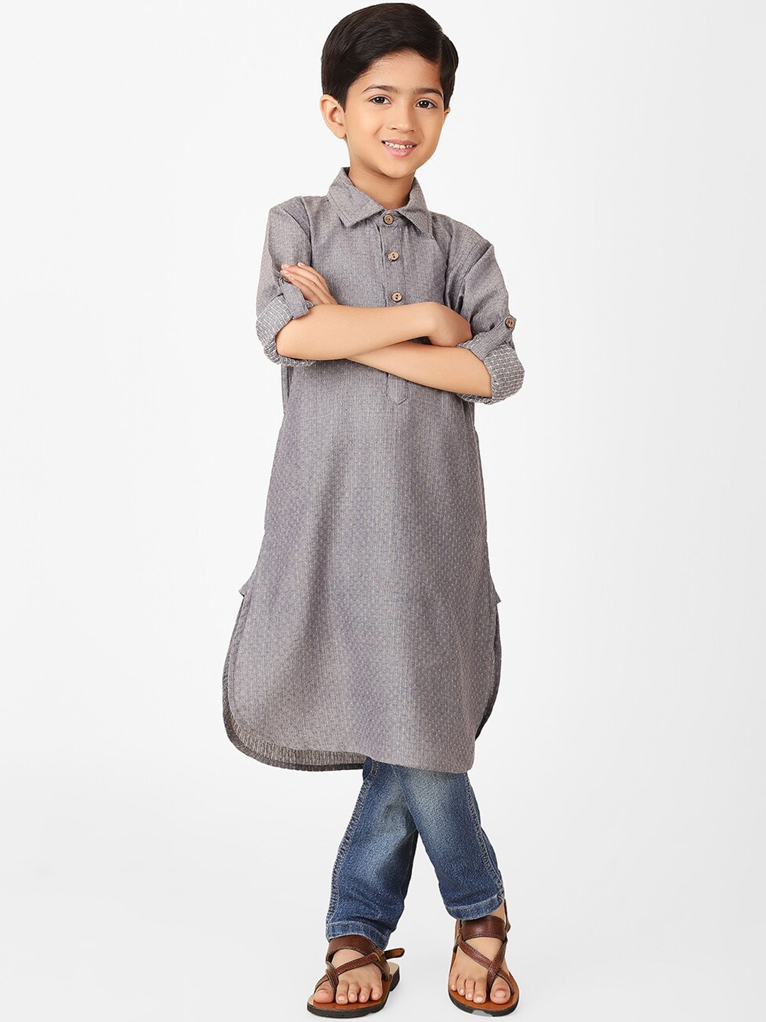 

Fabindia Boys Woven Design Shirt Collar Roll Up Sleeves Pure Cotton Pathani Kurta, Grey