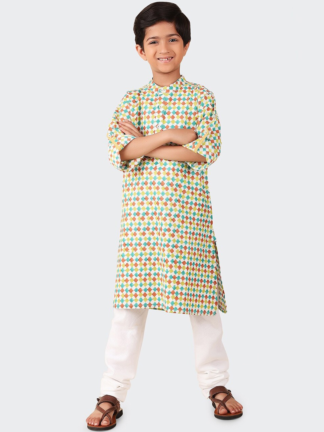 

Fabindia Boys Band Collar Ethnic Motifs Printed Straight Cotton Kurta, White