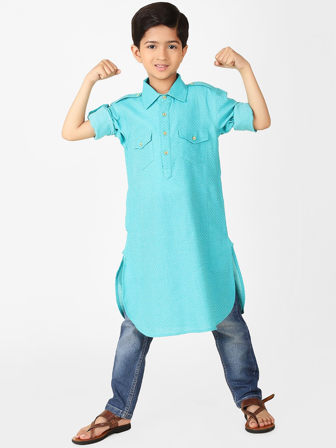 

Fabindia Boys Woven Design Shirt Collar Roll Up Sleeves Pure Cotton Pathani Kurta, Teal