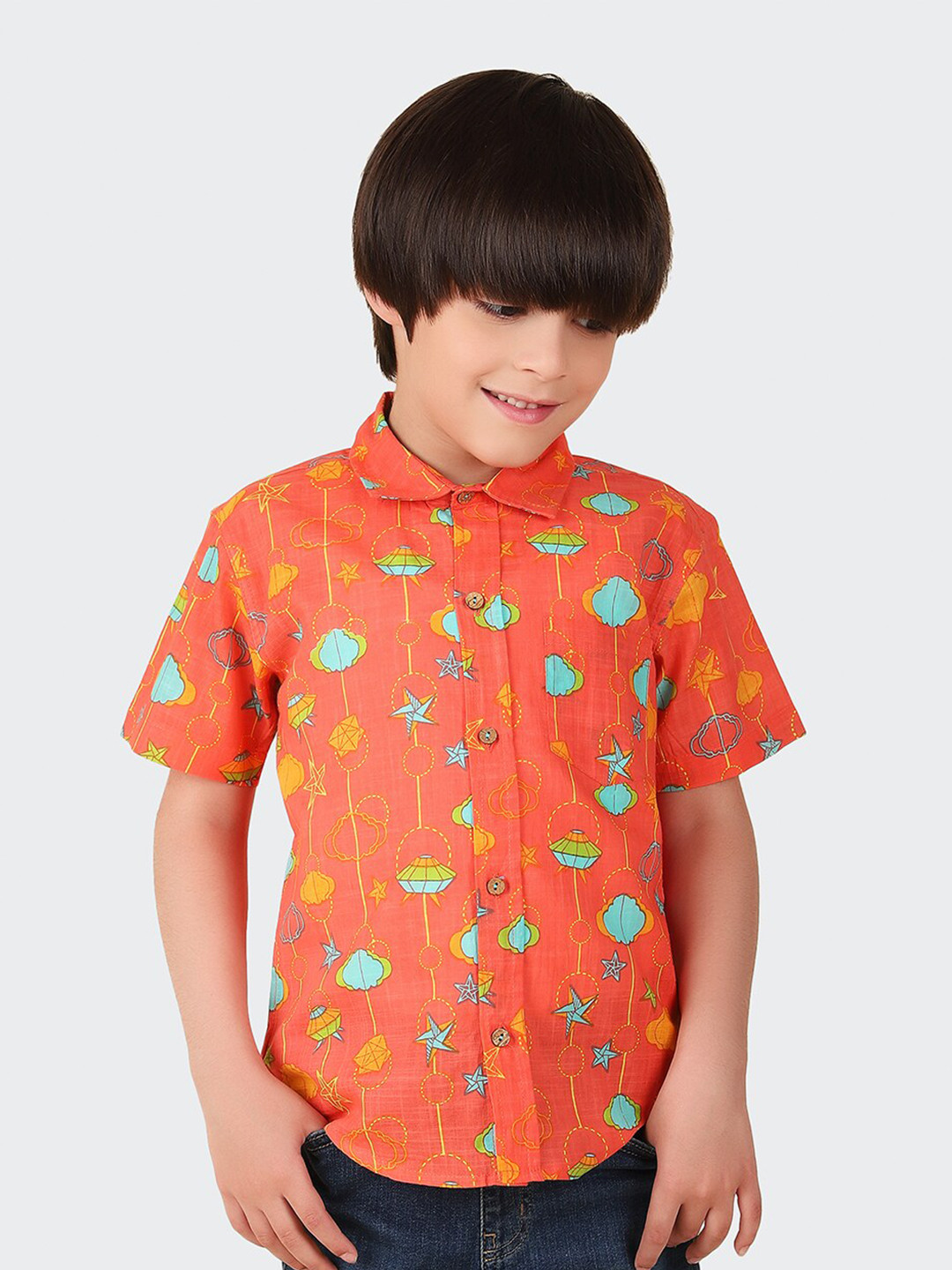 

Fabindia Boys conversational printed Spread Collar Casual Shirt, Orange
