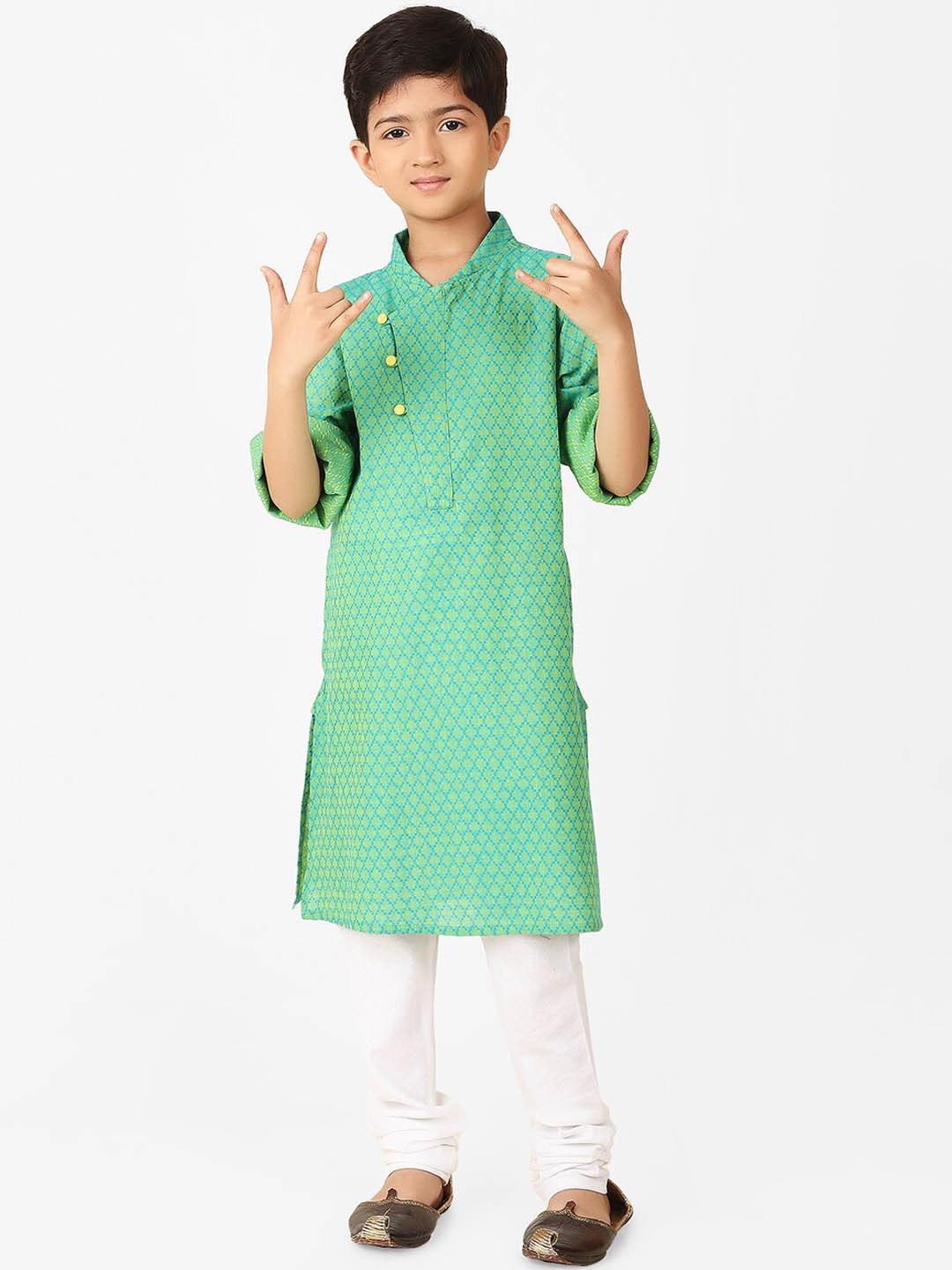 

Fabindia Boys Woven Design Mandarin Collar Pure Cotton Angrakha Kurta, Teal