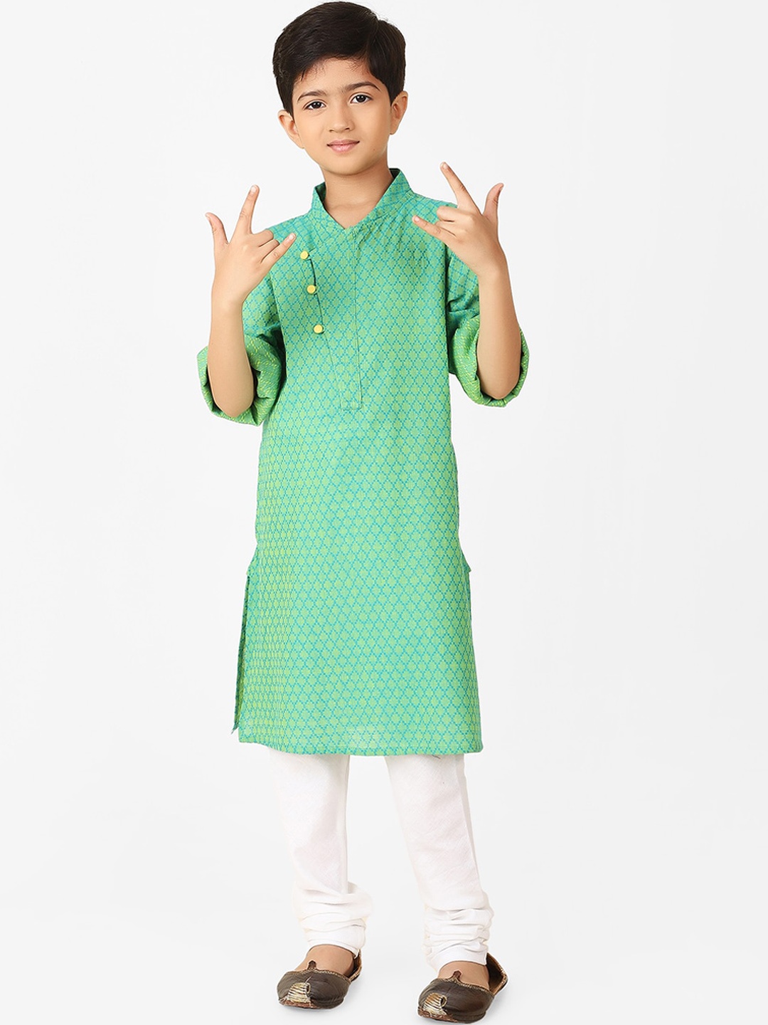 

Fabindia Boys Ethnic Motifs Woven Design Angrakha Cotton Kurta, Sea green