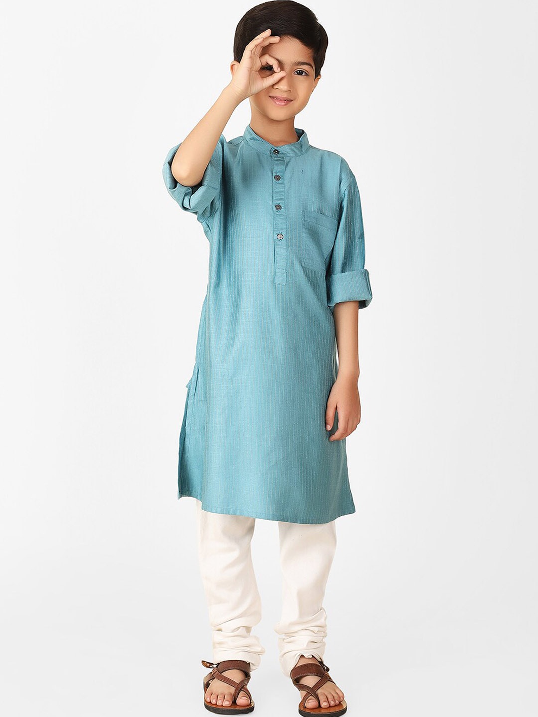 

Fabindia Boys Band Collar Checked Straight Kurta, Turquoise blue