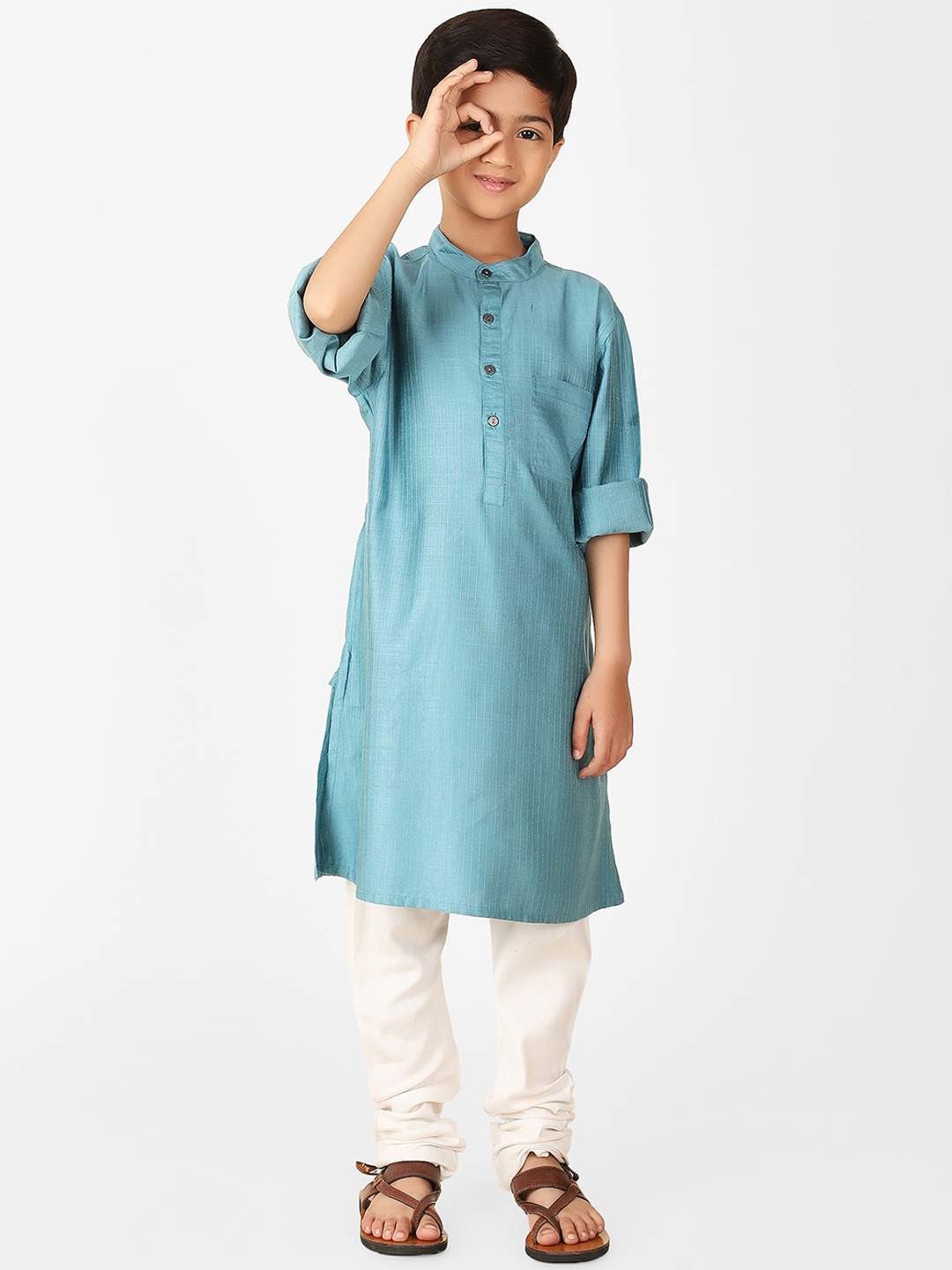 

Fabindia Boys Checked Mandarin Collar Kurta, Blue