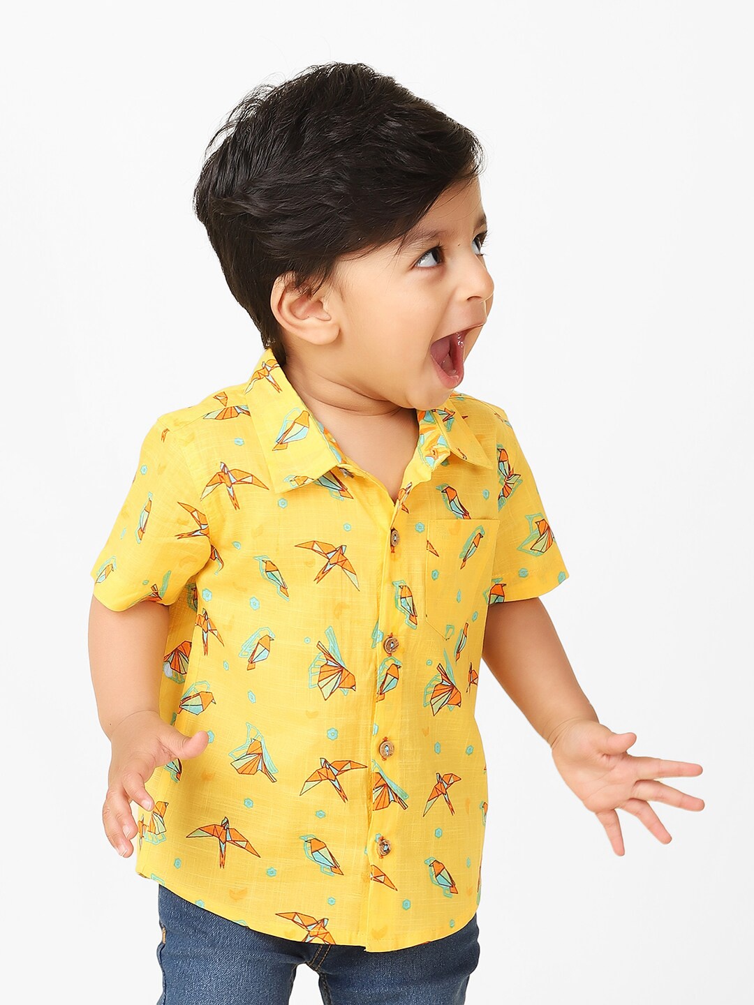 

Fabindia Infants Boys Conversational Printed Cotton Casual Shirt, Yellow