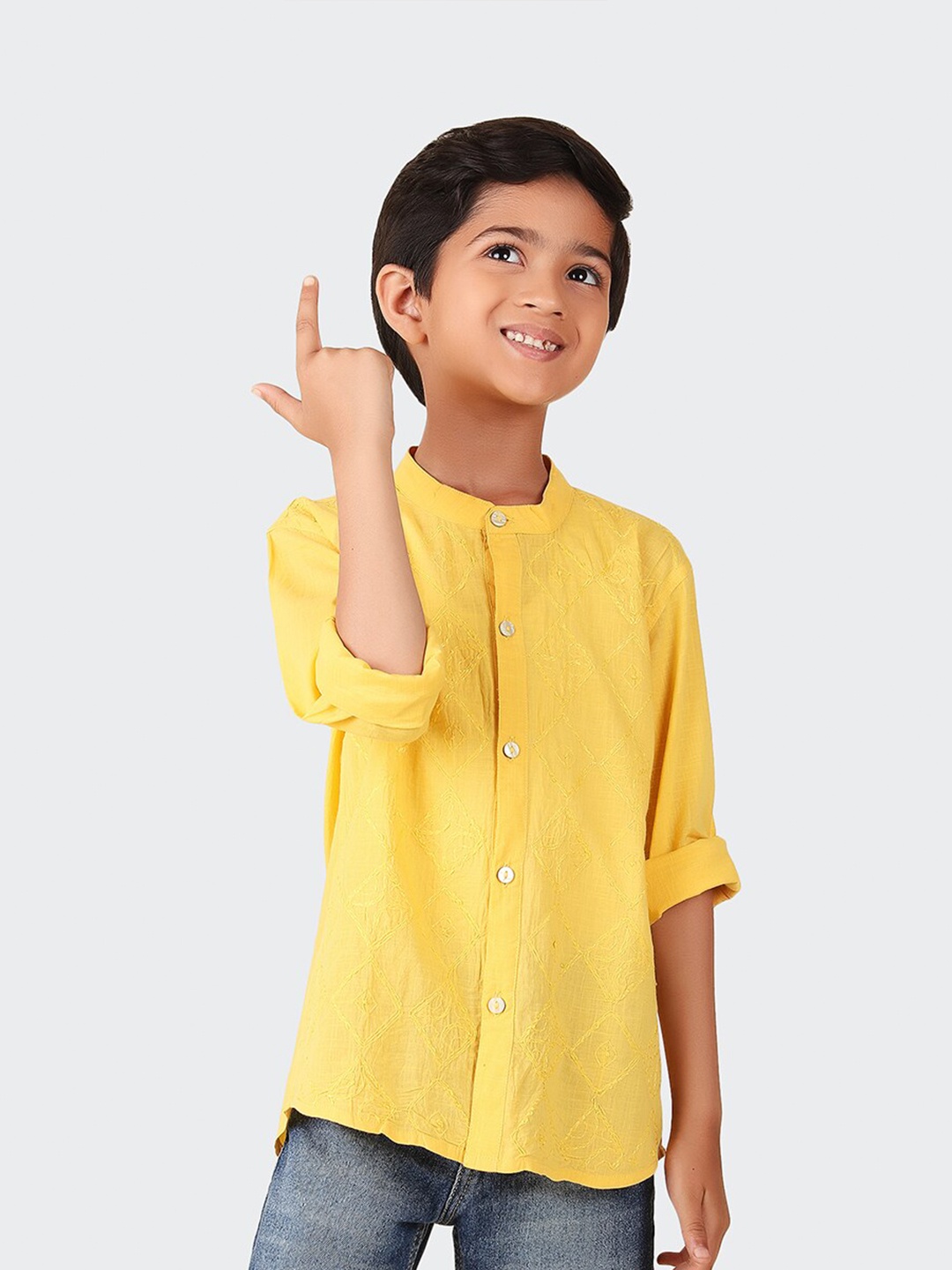 

Fabindia Boys Embroidered Mandarin Collar Cotton Shirt, Yellow