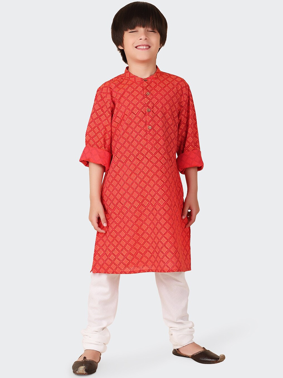 

Fabindia Boys Ethnic Motifs Printed Straight Cotton Kurta, Red