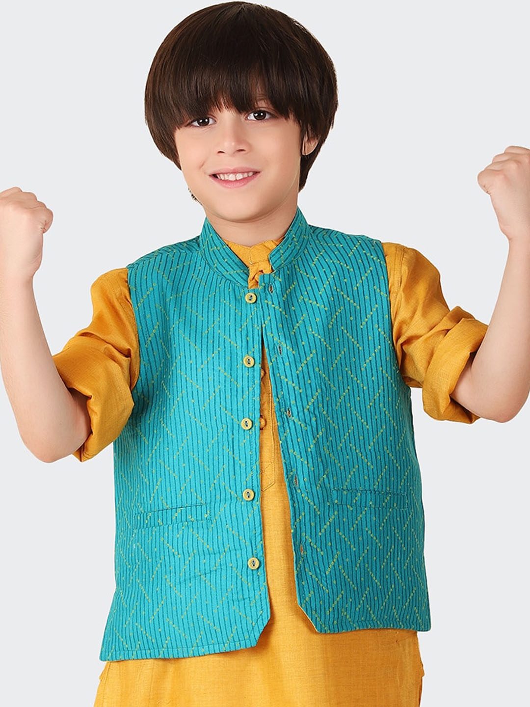 

Fabindia Boys Printed Woven Nehru Jacket, Teal