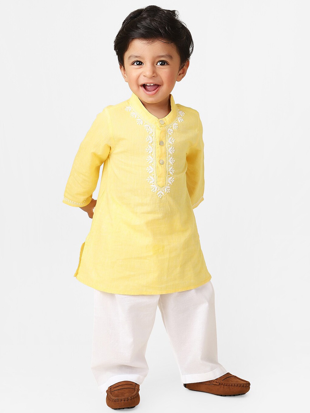

Fabindia Boys Ethnic Embroidered Pure Cotton Kurta with Pyjamas, Yellow
