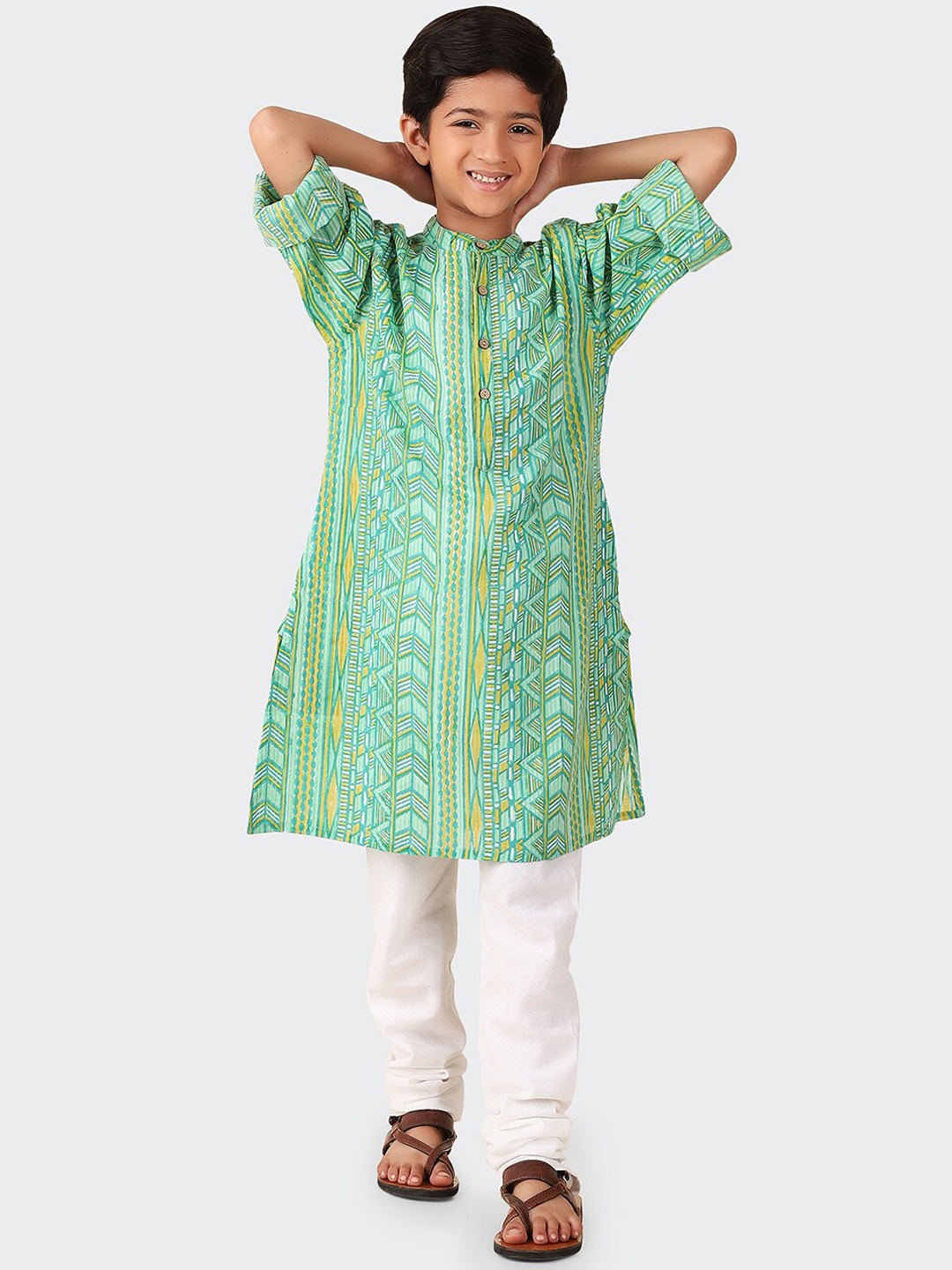 

Fabindia Boys Geometric Printed Cotton Kurta, Green