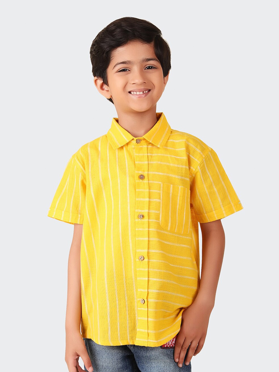 

Fabindia Boys Striped Cotton Casual Shirt, Yellow