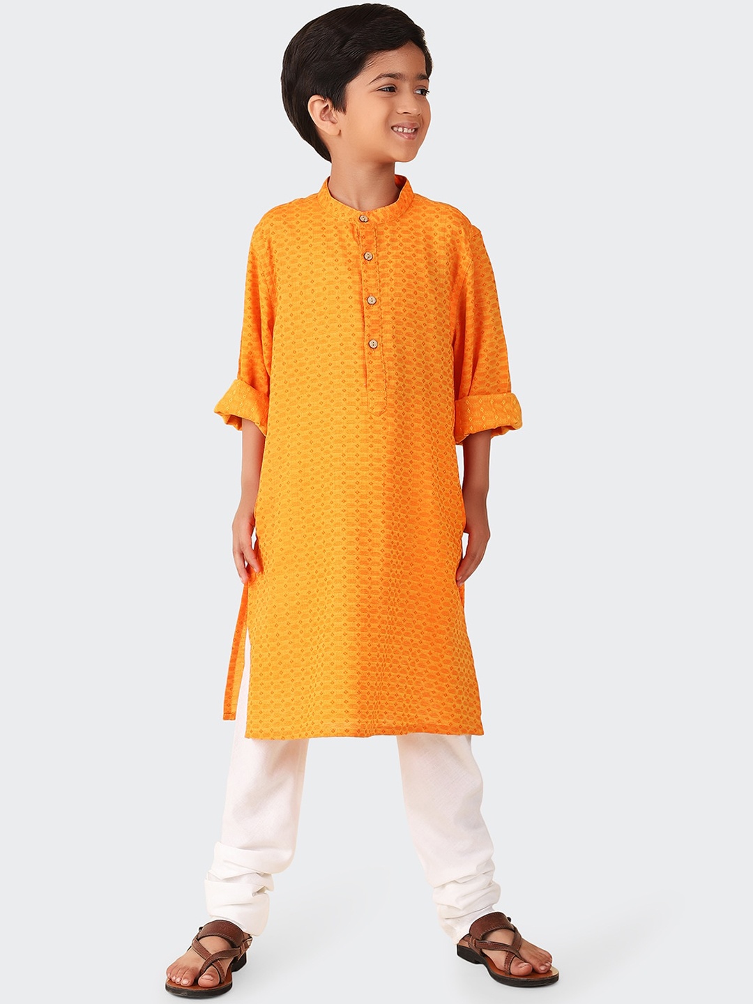 

Fabindia Boys Woven Design Mandarin Collar Pure Cotton Kurta, Yellow