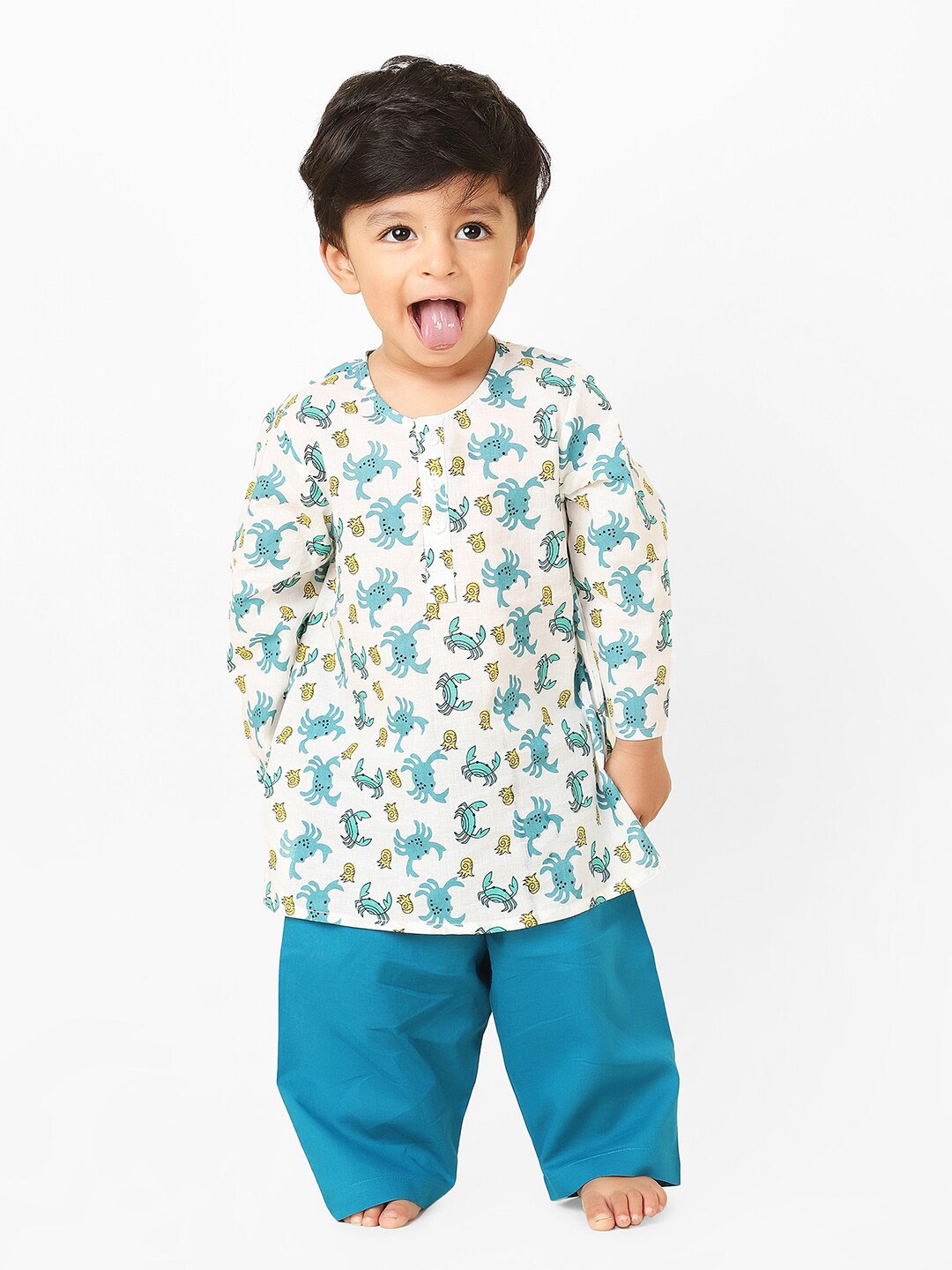 

Fabindia Boys Conversational Printed Top with Pyjamas, White