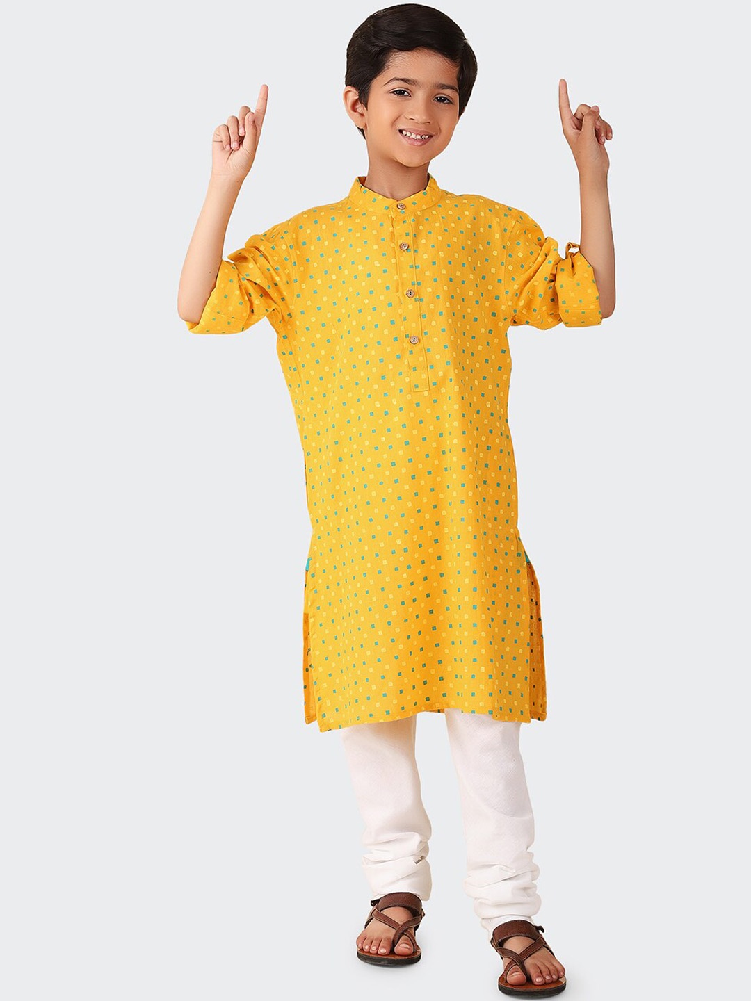 

Fabindia Boys Geometric Block Print Cotton Straight Kurta, Yellow