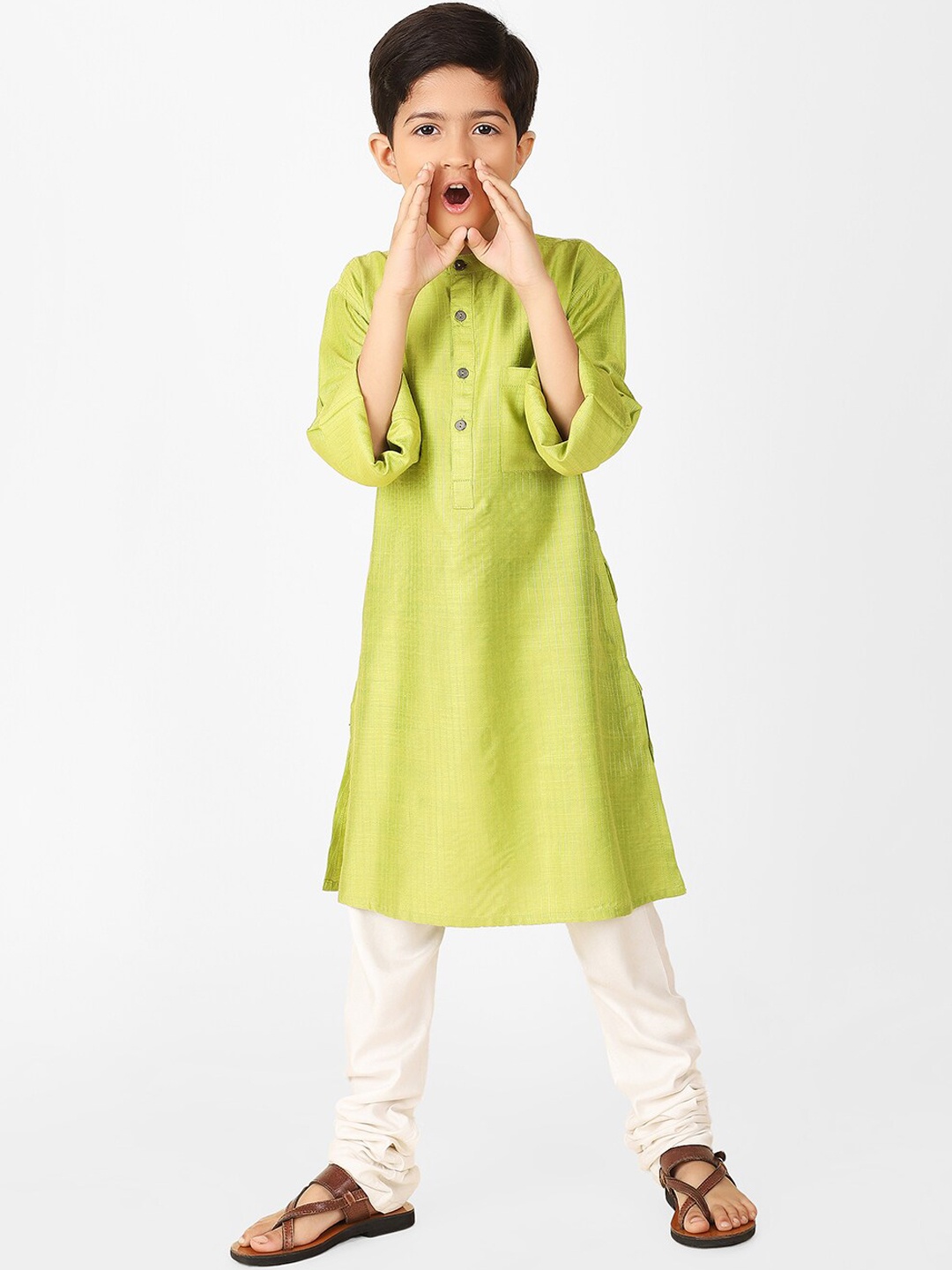 

Fabindia Boys Band Collar Straight Cotton Kurta, Green