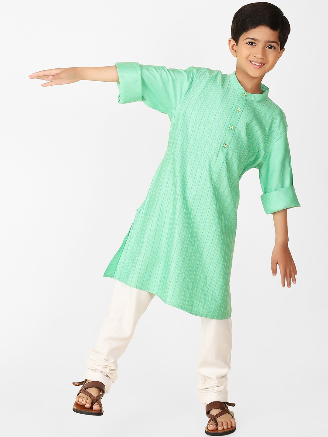 

Fabindia Boys Striped Thread Work Kurta, Sea green