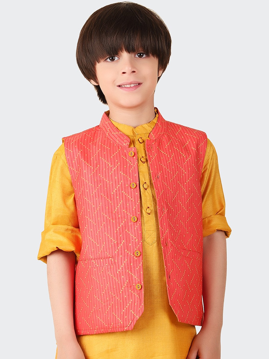 

Fabindia Boys Printed Nehru Jackets, Coral