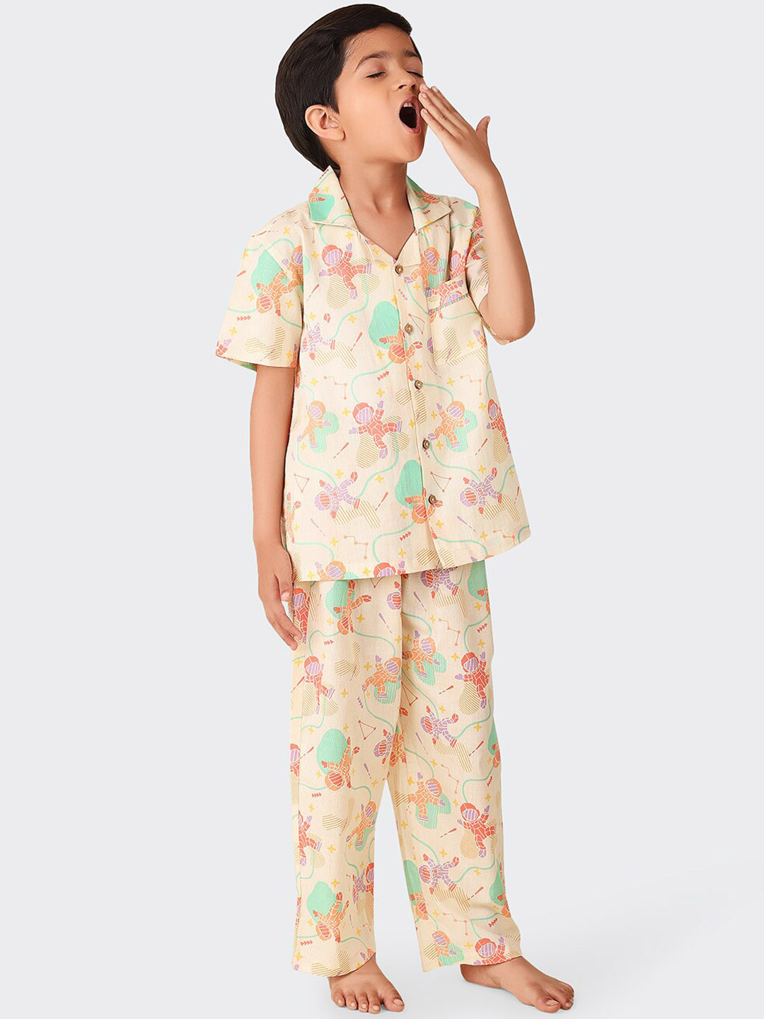 

Fabindia Boys Conversational Printed Pure Cotton Night Suit, Cream