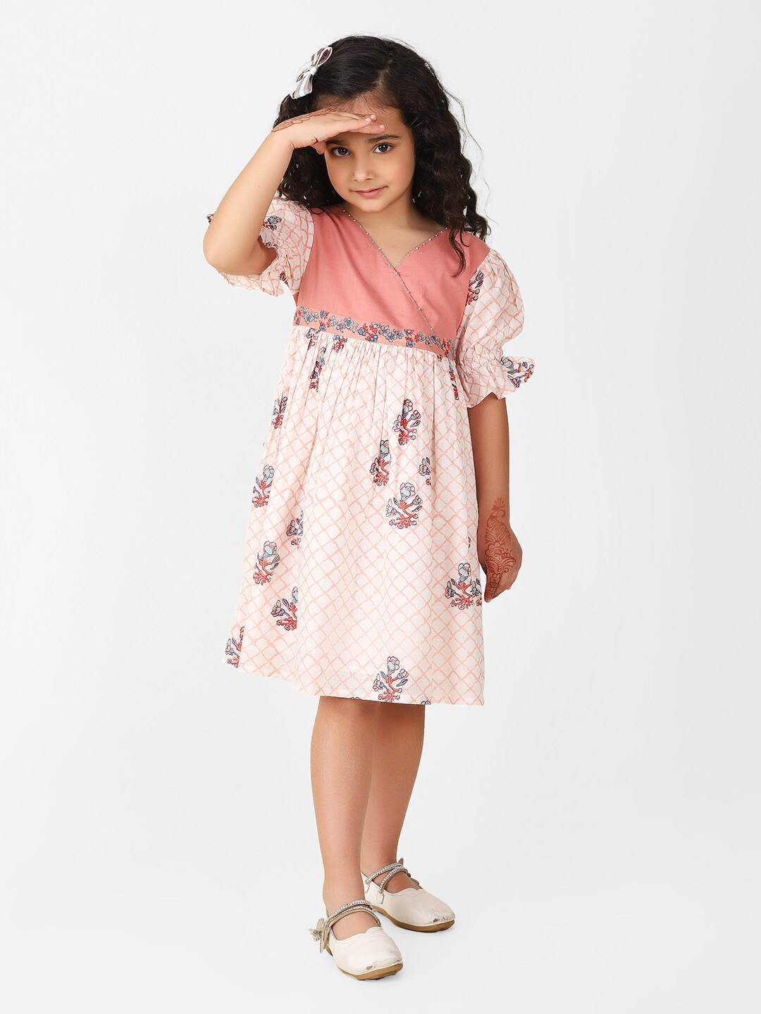 Fabindia Girls Floral Printed Puff Sleeves Cotton Fit & Flare Dress, Coral