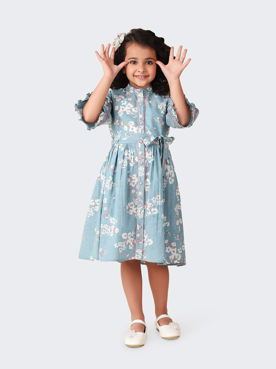 

Fabindia Girls Floral Printed Bell Sleeves Cotton Shirt Midi Dress With Belt, Blue