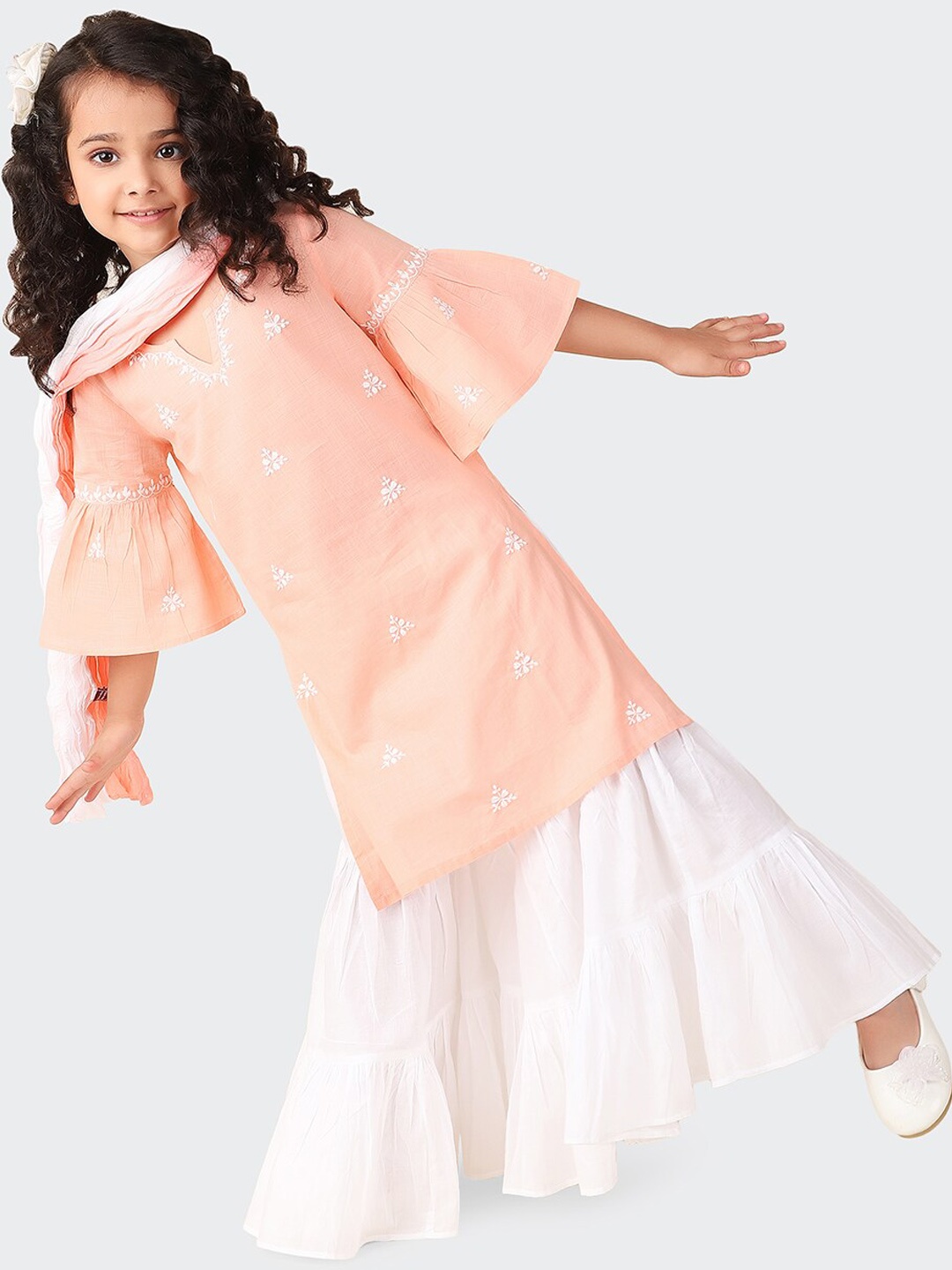 

Fabindia Girls Ethnic Motifs Embroidered Pure Cotton Kurta with Sharara & Dupatta, Peach