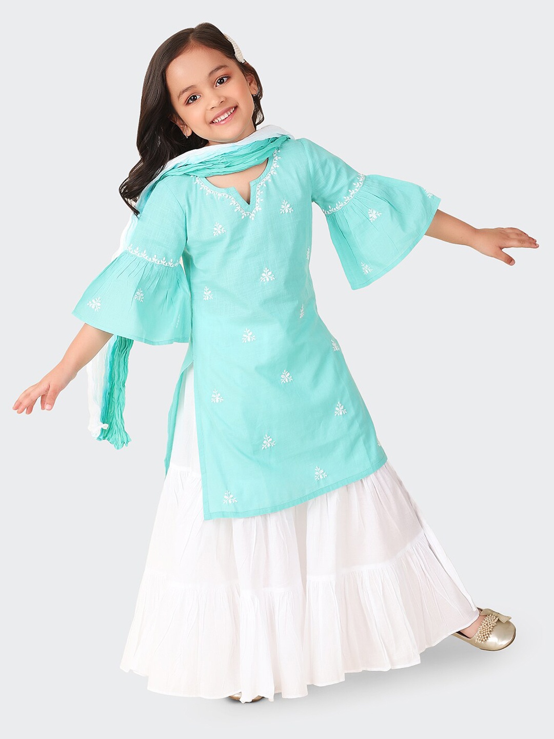 

Fabindia Girls Ethnic Motifs Embroidered Pure Cotton Kurta with Sharara & Dupatta, Blue