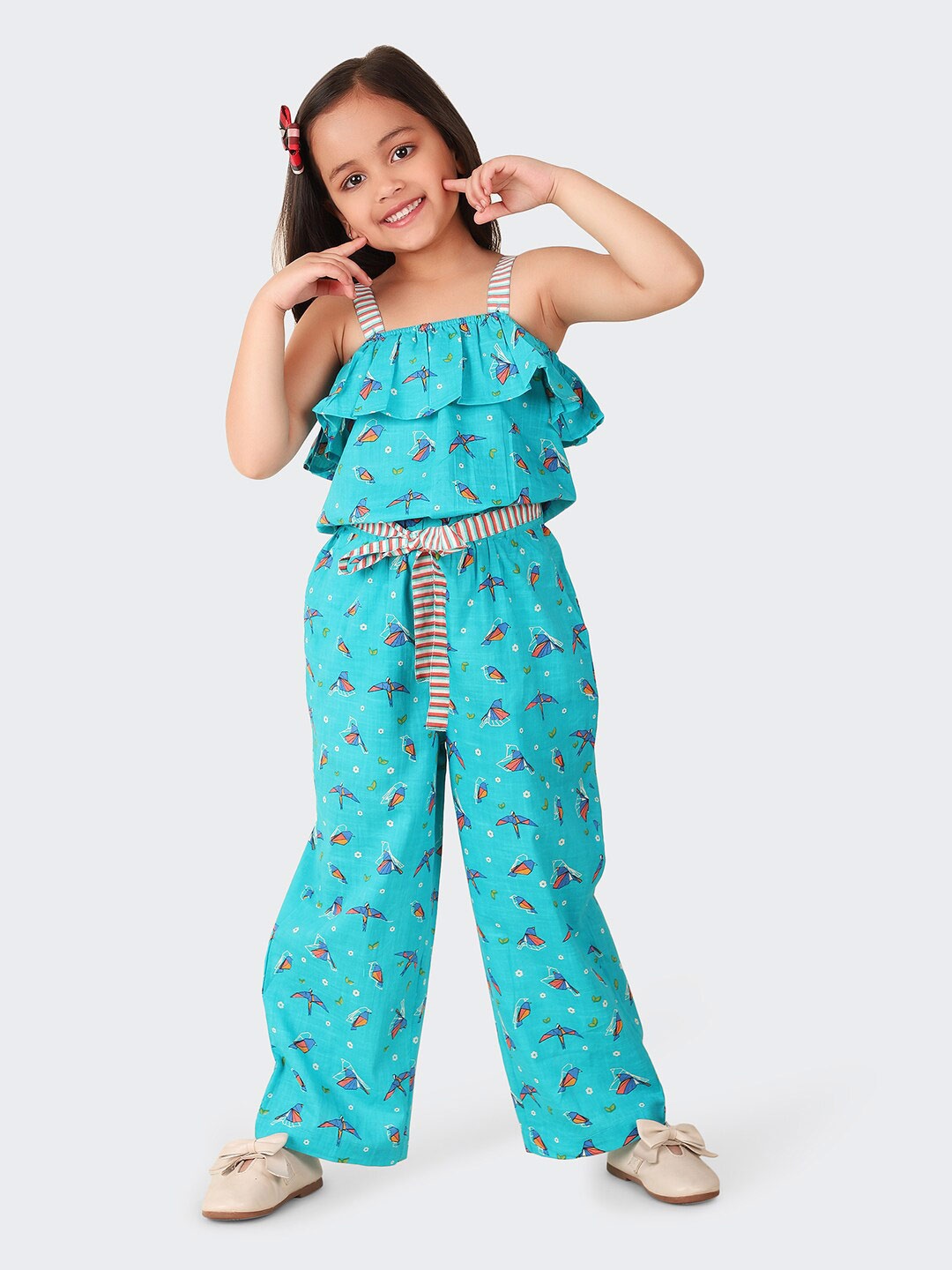 

Fabindia Girls Cotton Printed Basic Jumpsuit, Teal