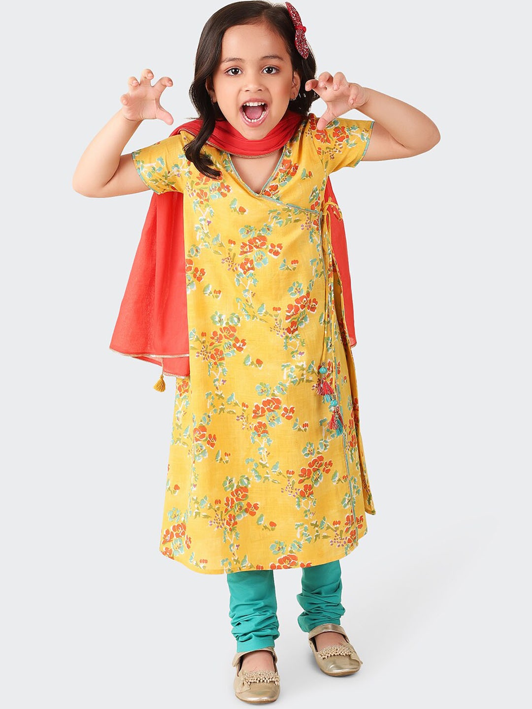 

Fabindia Girls Floral Printed Angrakha Pure Cotton Kurta with Churidar & Dupatta, Mustard