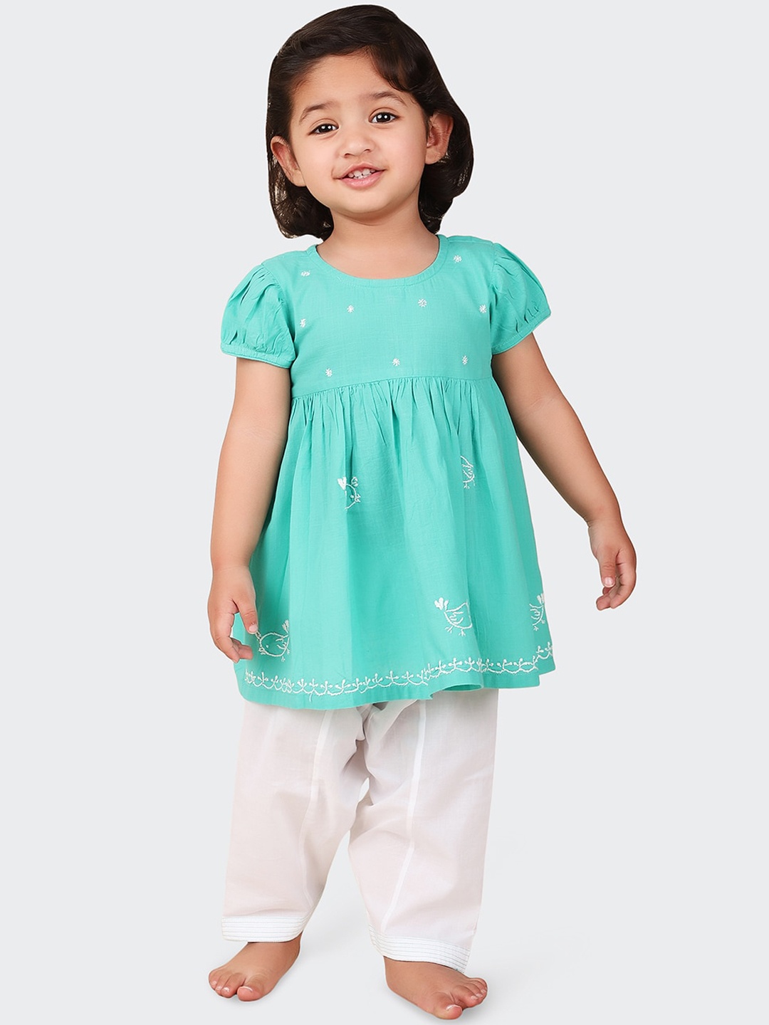 

Fabindia Girls Ethnic Motifs Embroidered A-Line Pure Cotton Kurta with Salwar, Turquoise blue