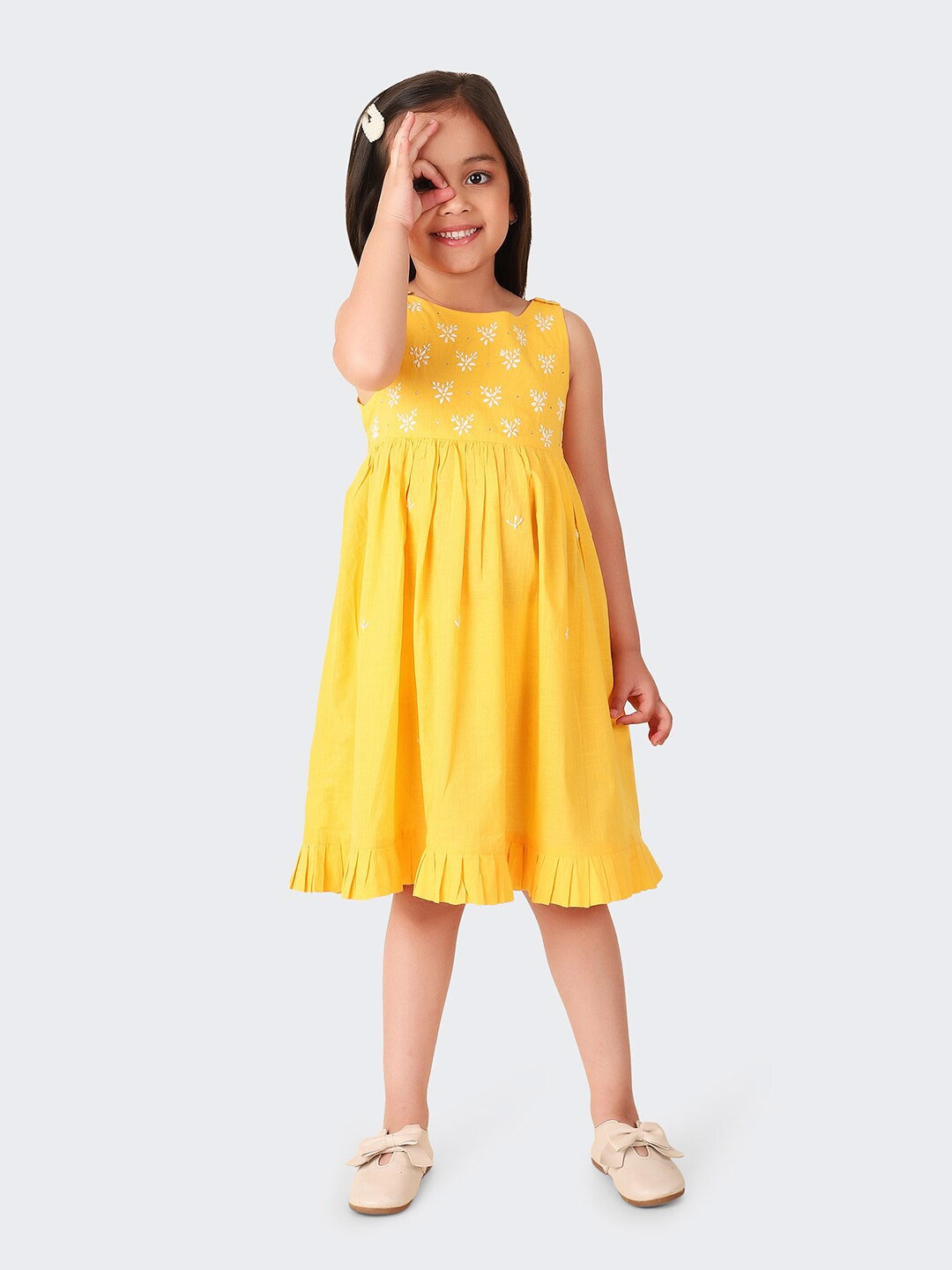

Fabindia Girls Floral Embroidered Sleeveless Cotton Fit & Flare Dress, Yellow